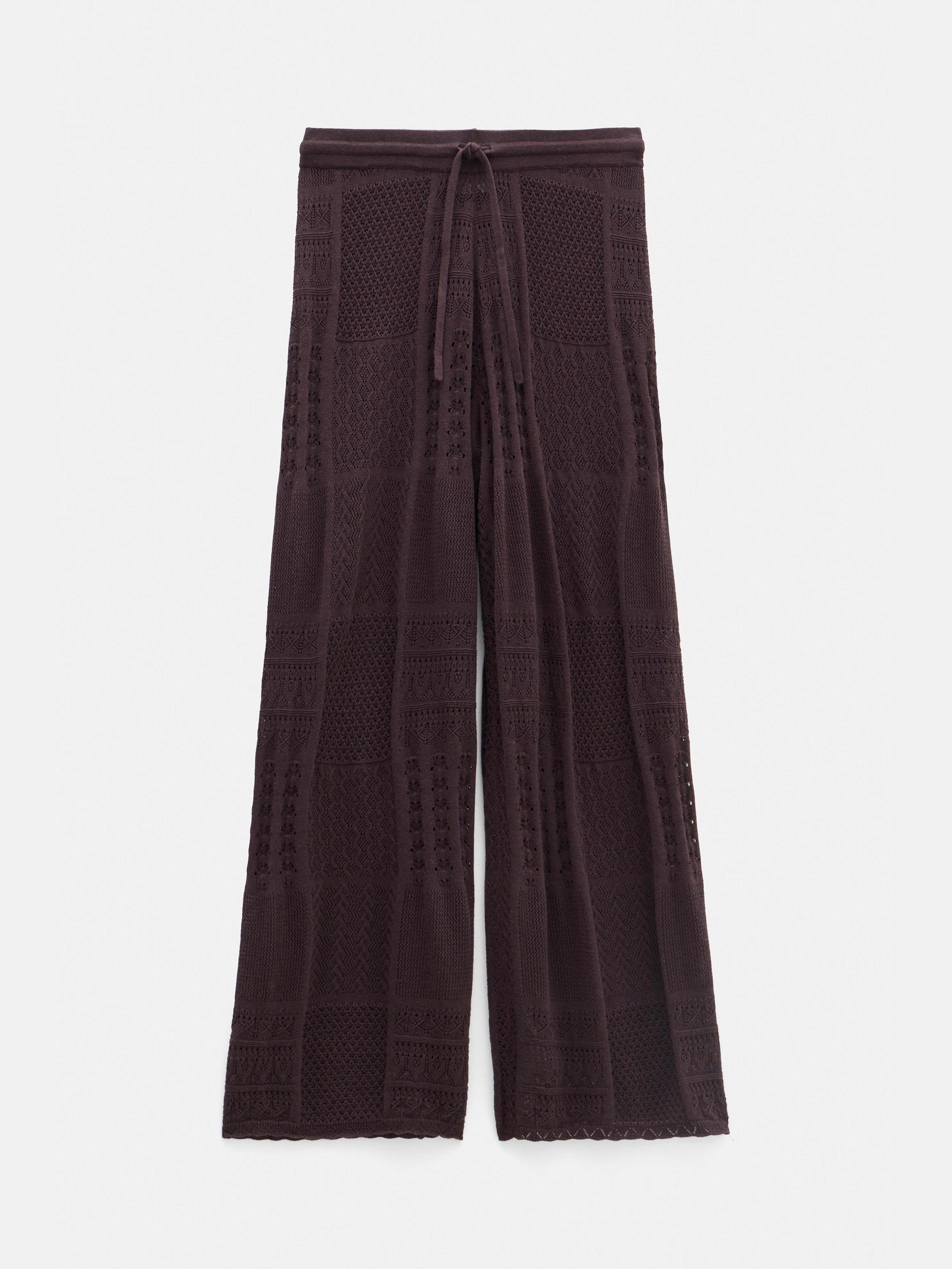 Product image 4 of 6, which shows Hush Patchwork Stitched Wide Leg Knitted Cotton Blend Trousers, Chocolate Torte, XS-S
