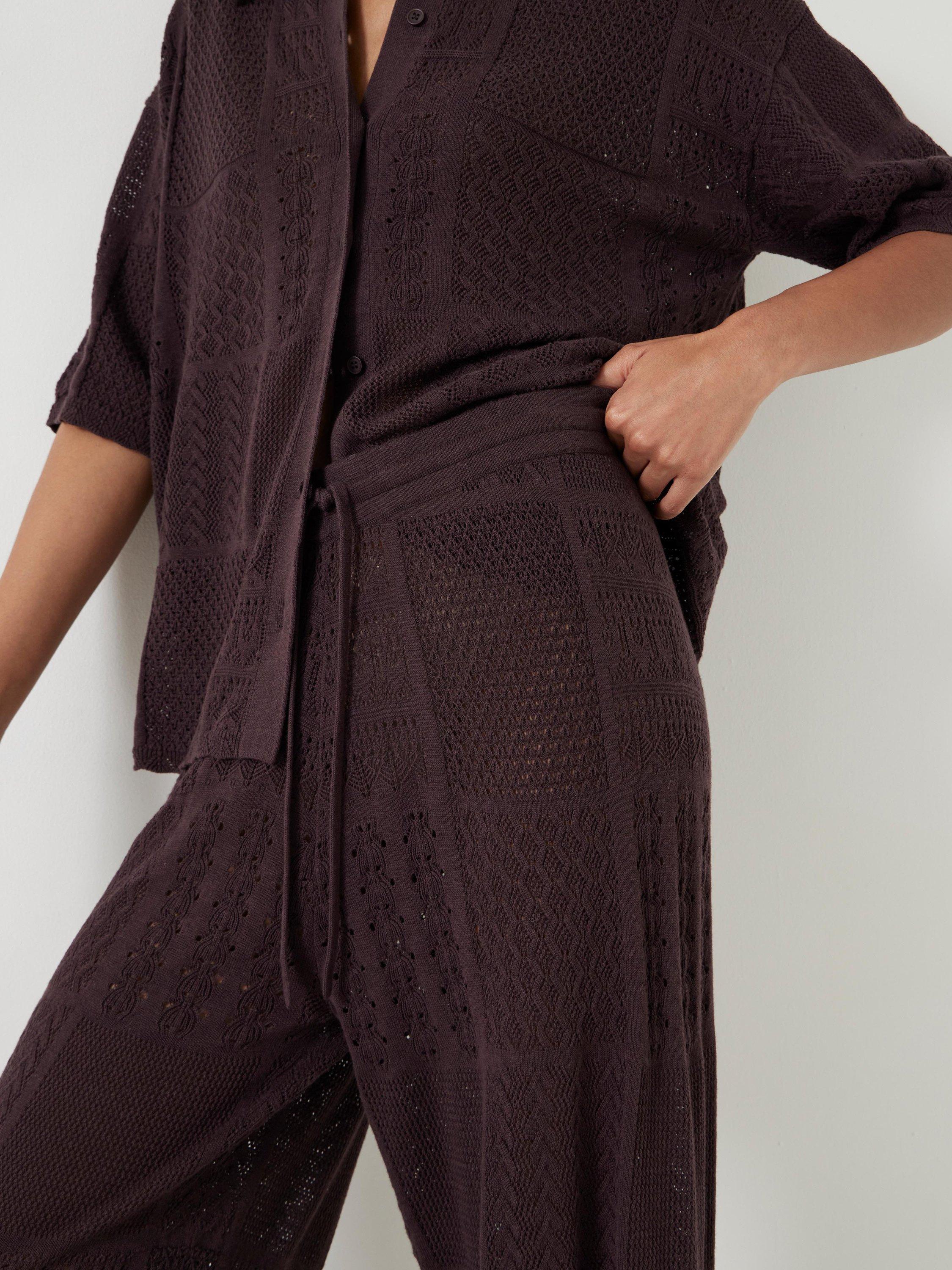 Product image 5 of 6, which shows Hush Patchwork Stitched Wide Leg Knitted Cotton Blend Trousers, Chocolate Torte, XS-S