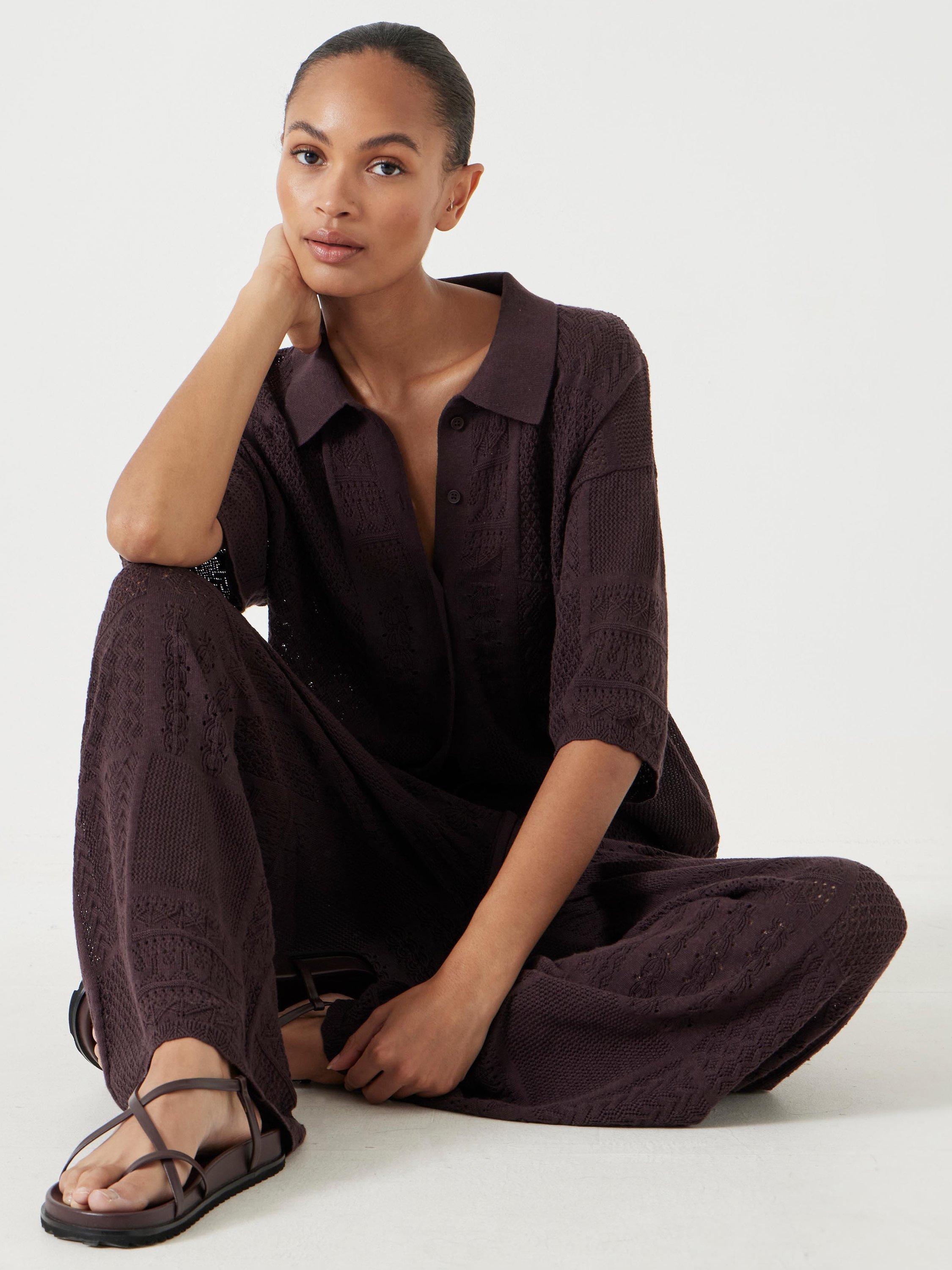 Product image 6 of 6, which shows Hush Patchwork Stitched Wide Leg Knitted Cotton Blend Trousers, Chocolate Torte, XS-S