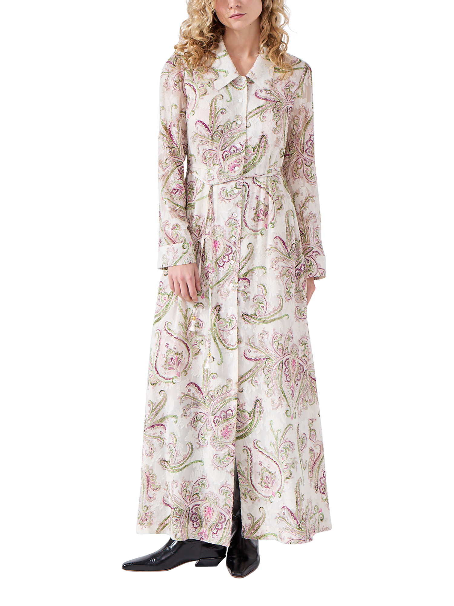 Product image 1 of 5, which shows Hayley Menzies Bianca Paisley Silk Rich Shirt Maxi Dress, Cream/Multi, XS