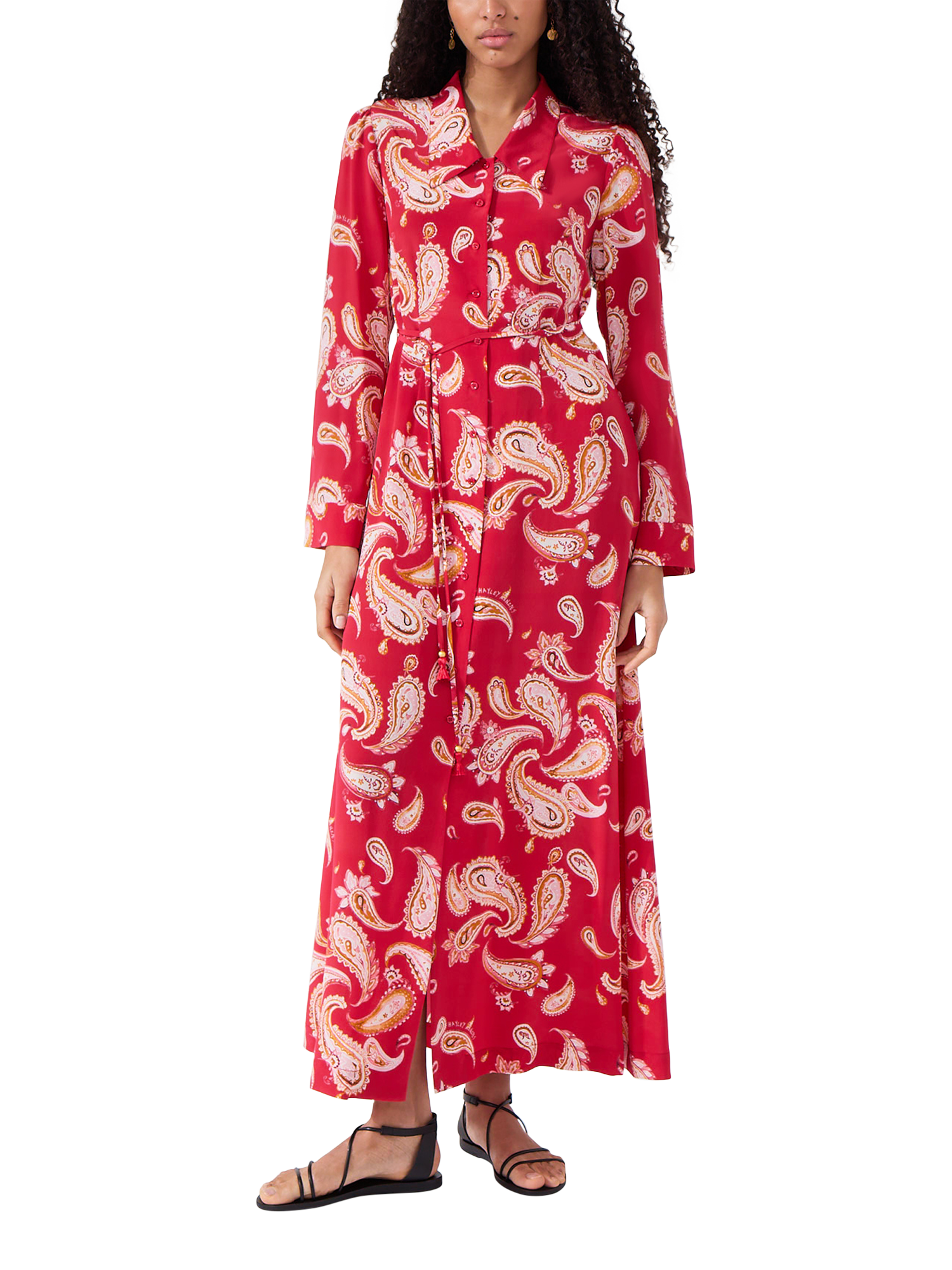 Product image 1 of 6, which shows Hayley Menzies Bianca Paisley Silk Rich Shirt Maxi Dress, Red/Multi, XS