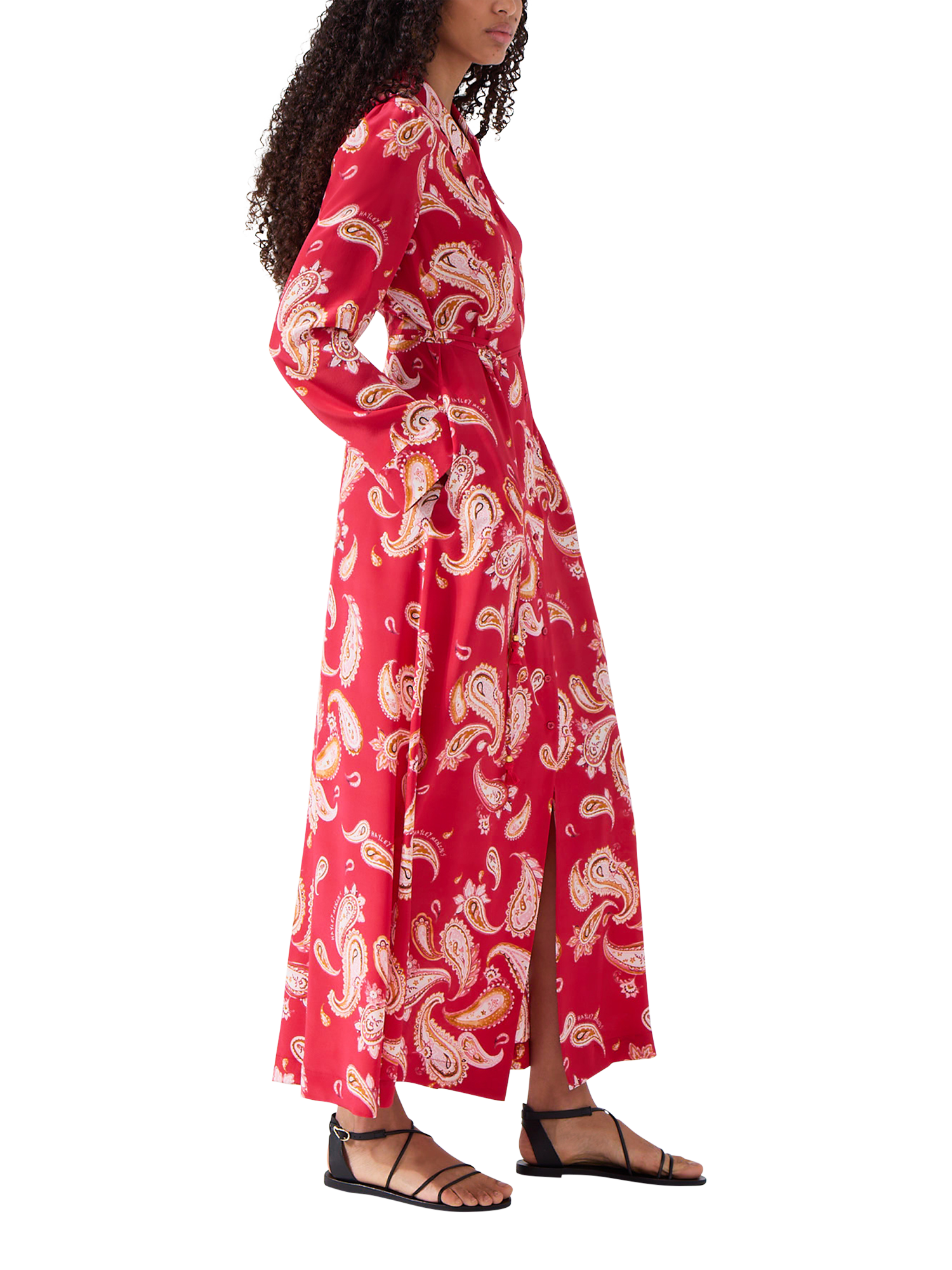 Product image 2 of 6, which shows Hayley Menzies Bianca Paisley Silk Rich Shirt Maxi Dress, Red/Multi, XS