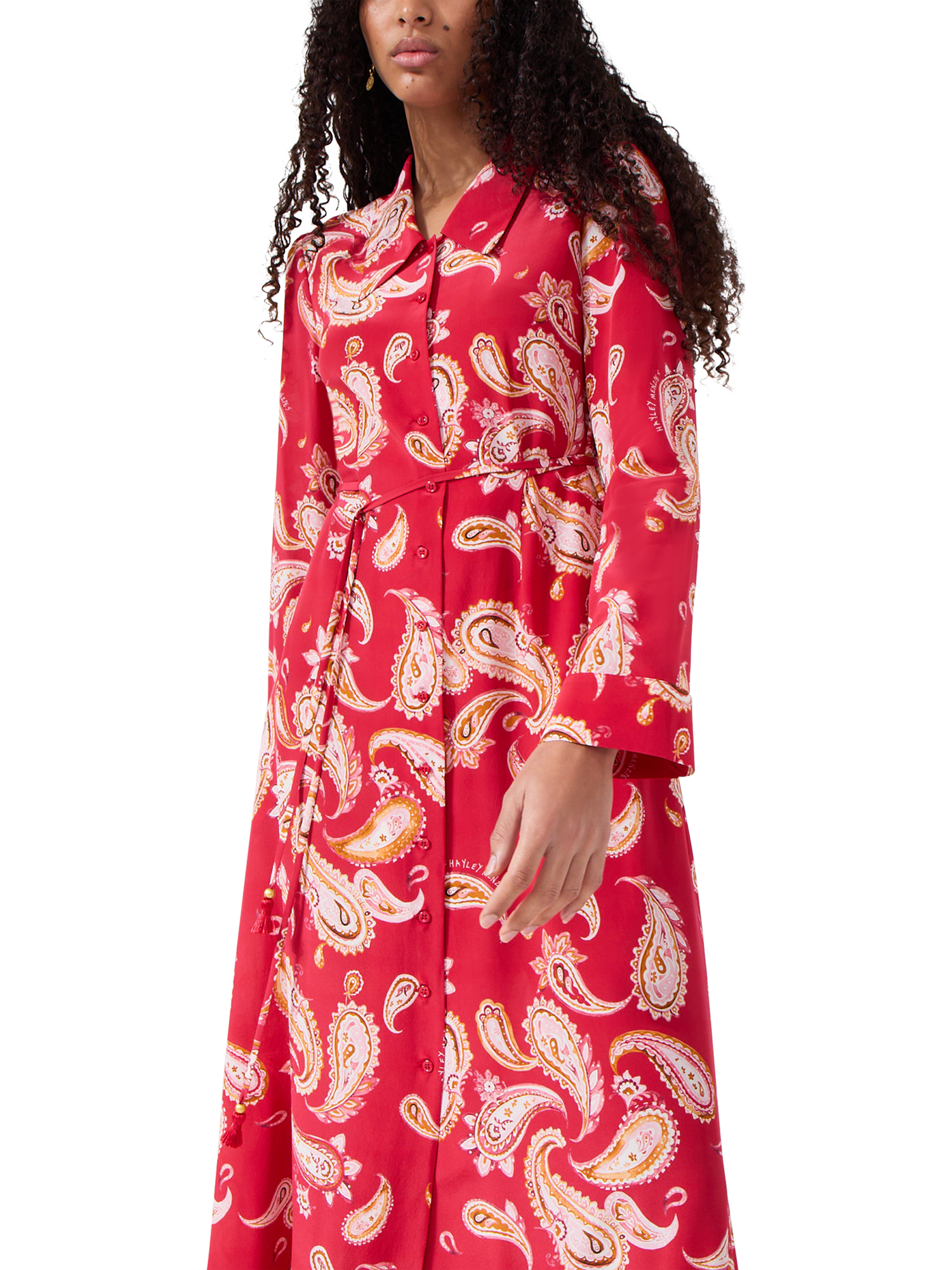Product image 4 of 6, which shows Hayley Menzies Bianca Paisley Silk Rich Shirt Maxi Dress, Red/Multi, XS