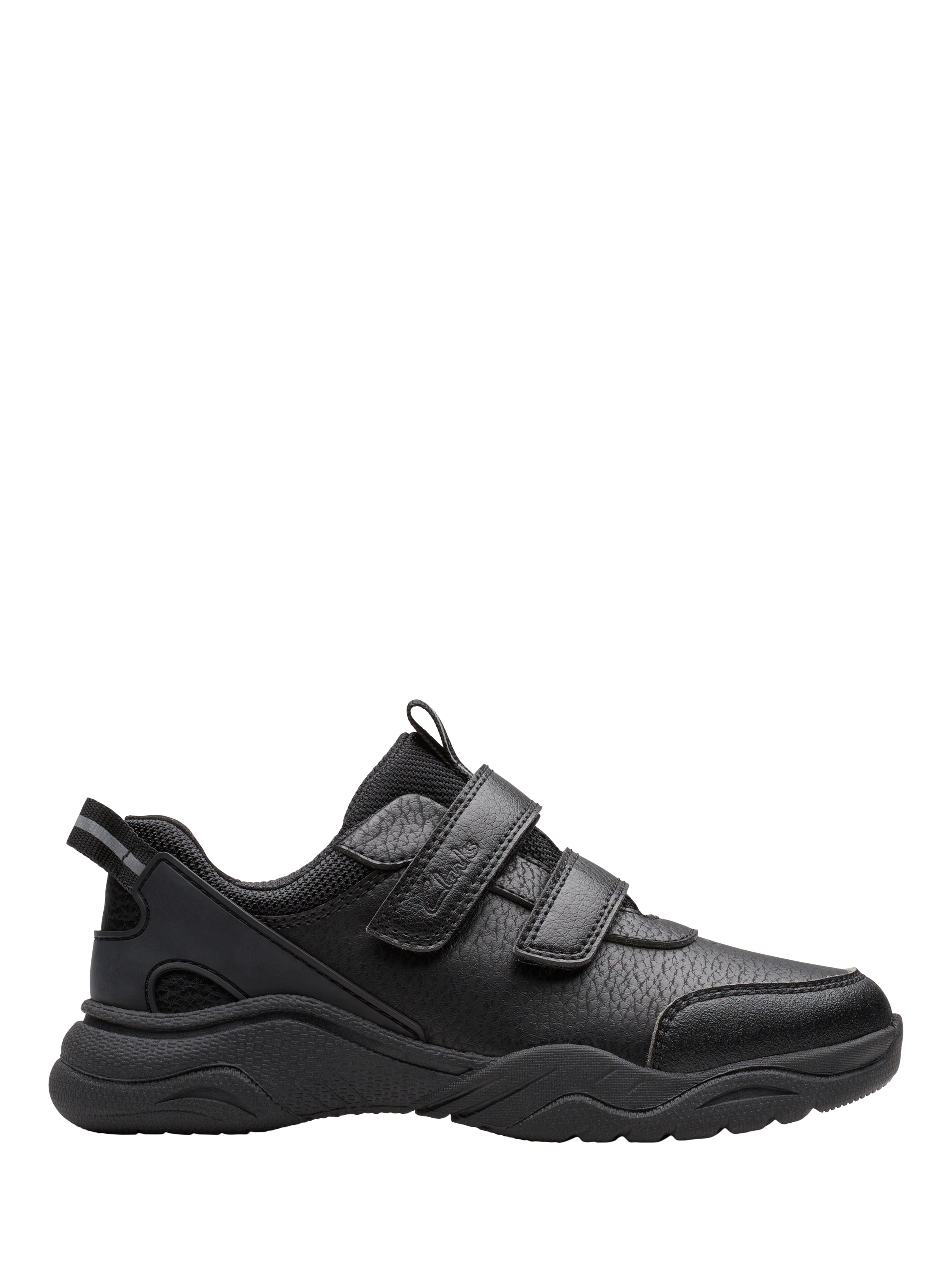 Product image 1 of 6, which shows Clarks Kids' Feather Shine Rip Tape Trainers, Black Leather, 9 F Jnr