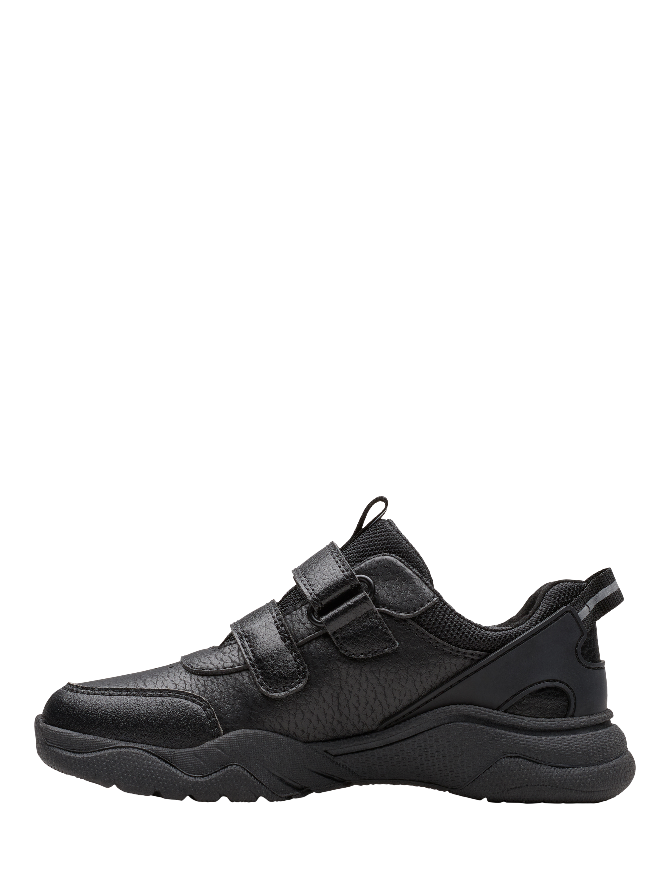 Product image 2 of 6, which shows Clarks Kids' Feather Shine Rip Tape Trainers, Black Leather, 9 F Jnr