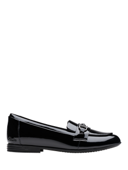 Clarks Kids' Finja Coated Leather Loafers, Black Patent, Black Patent