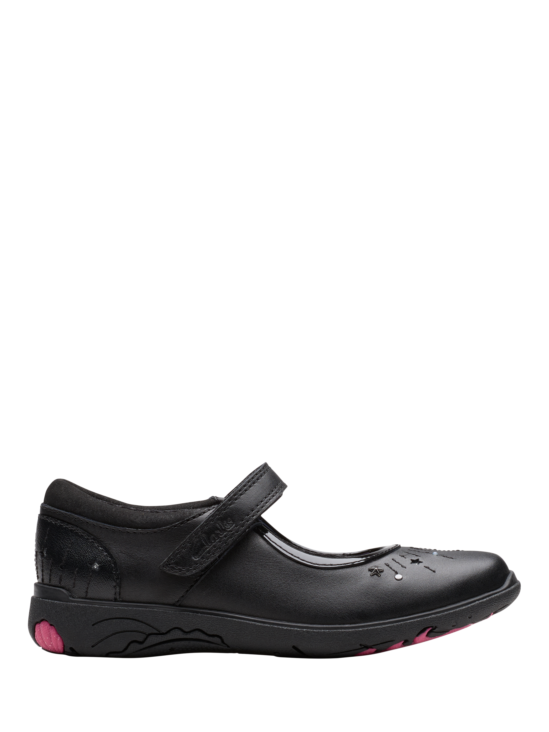 Product image 1 of 6, which shows Clarks Kids' Relda Wish Leather Unicorn Shoes, Black Leather, 13 E Jnr