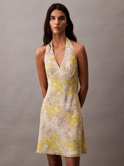 Calvin Klein Printed Crepe Georgette Halter Neck Dress, Formal Grey/Multi