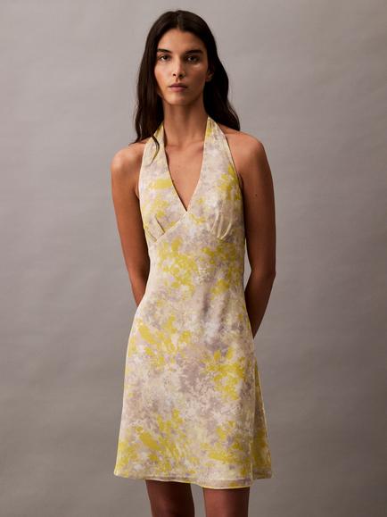 Calvin Klein Printed Crepe Georgette Halter Neck Dress, Formal Grey/Multi