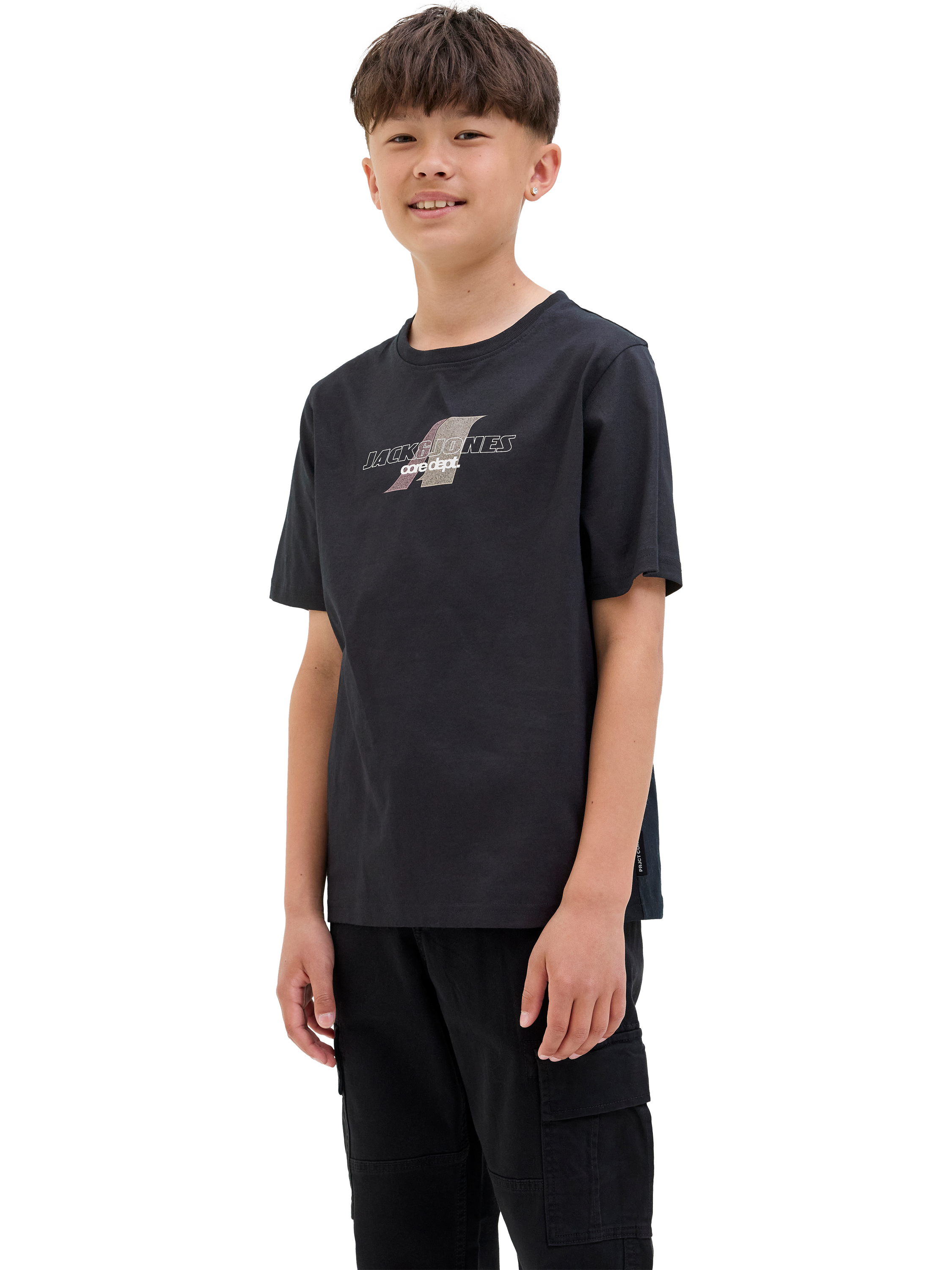 Product image 1 of 7, which shows Jack & Jones Kids' Cotton Short Sleeved Graphic Print T-Shirt, Black, 8 years