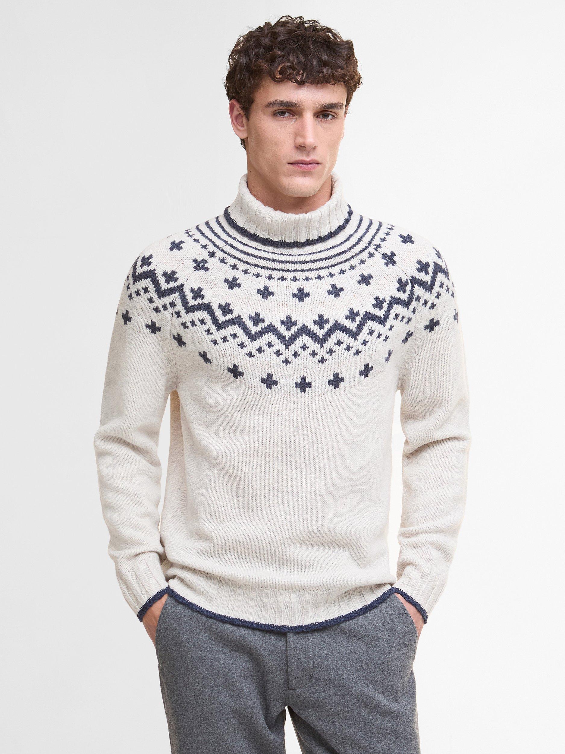 Product image 1 of 7, which shows Barbour Hewton Geometric Wool Roll Neck Jumper, Whisper White, M