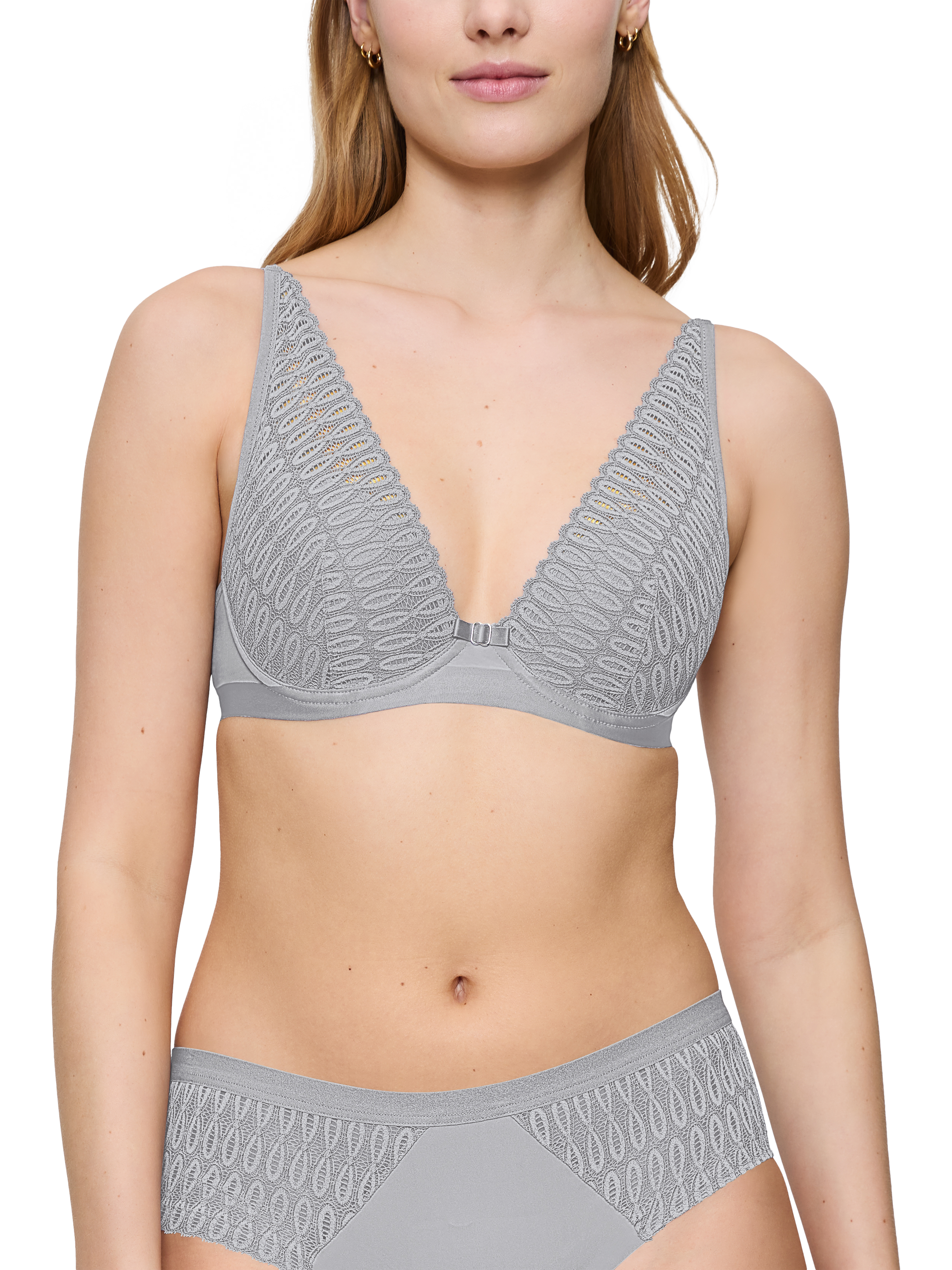 Product image 1 of 5, which shows Triumph Aura Spotlight Underwired Plunge Bra, Grey Shadow, 32B
