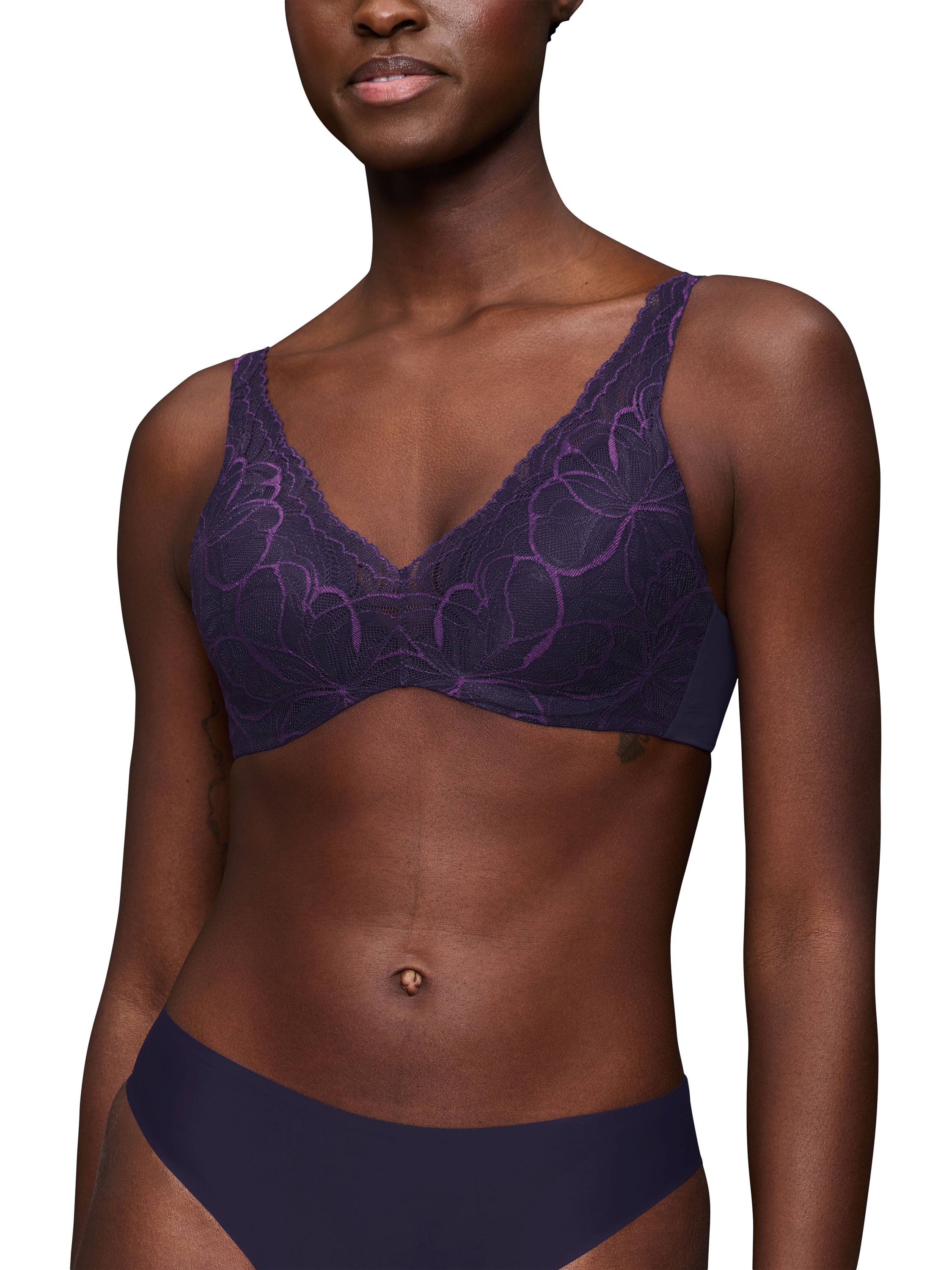 Product image 1 of 5, which shows Triumph Body Make-Up Illusion Lace Padded Underwired Bra, Prussian Blue, 32B