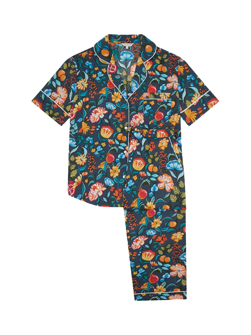 Product image 1 of 1, which shows myza Floral Short Sleeve Long Pyjama Set, Navy, XS