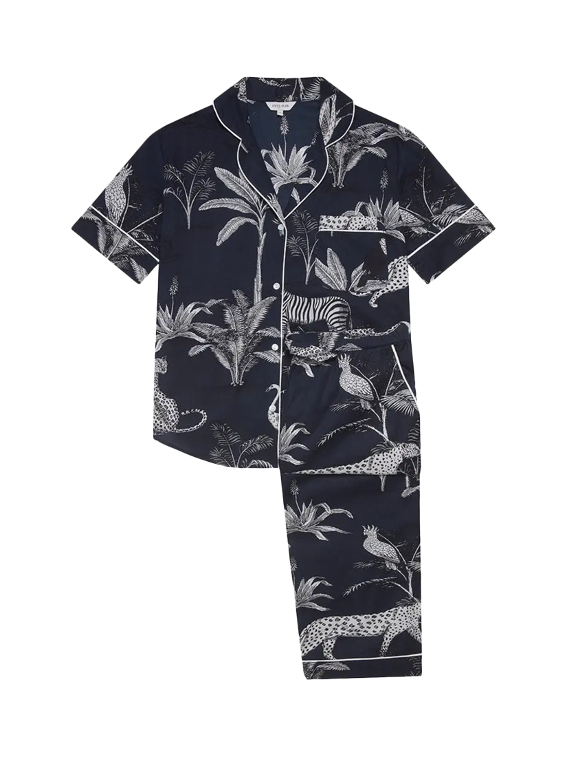 Product image 1 of 1, which shows myza Jungle Short Sleeve Pyjama Set, Navy, XS