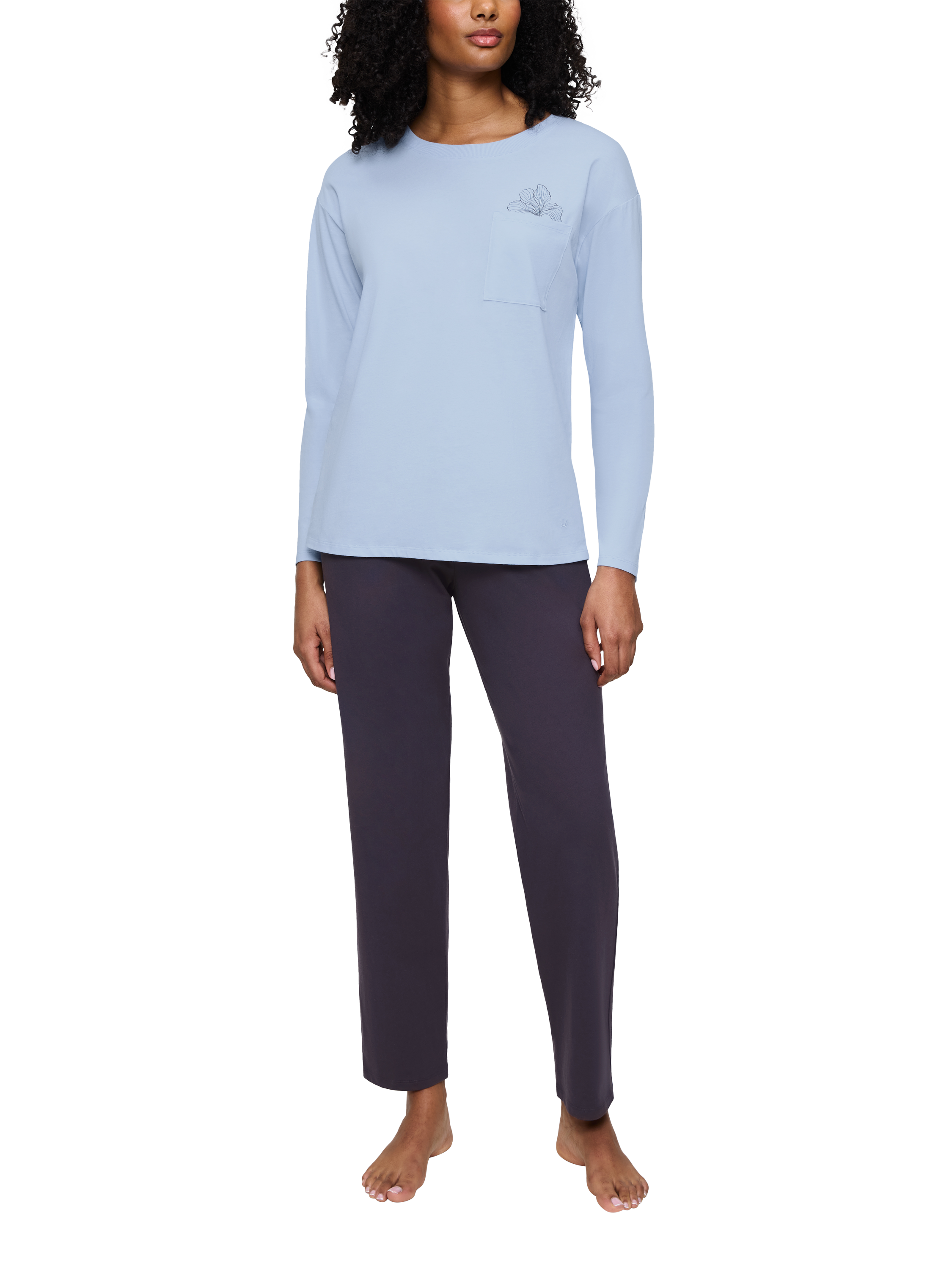 Product image 1 of 6, which shows Triumph Ribbed Crew Neck Long Pyjama Set, Pale Blue/Navy, 8