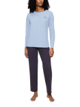 Triumph Ribbed Crew Neck Long Pyjama Set, Pale Blue/Navy
