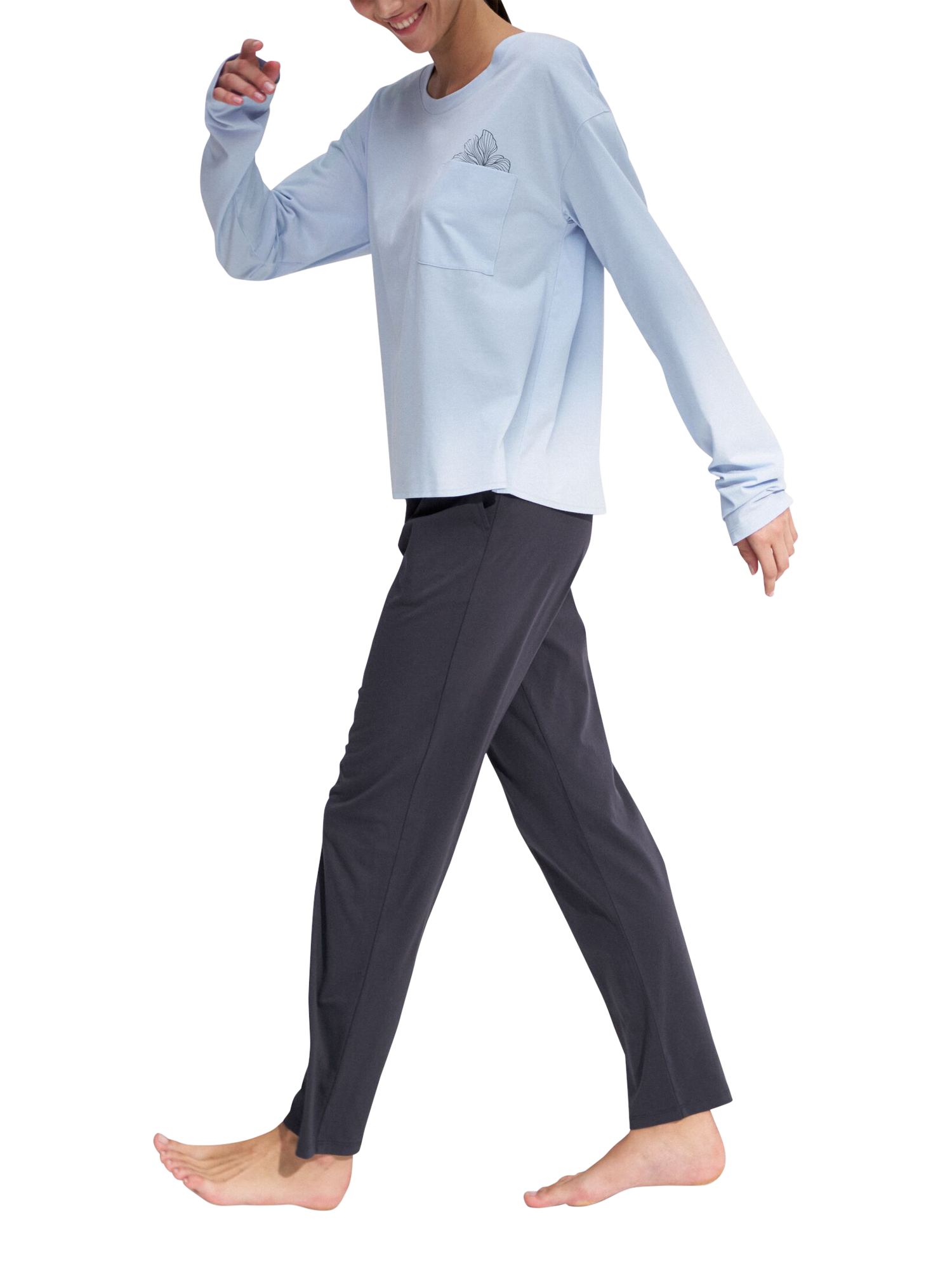 Product image 6 of 6, which shows Triumph Ribbed Crew Neck Long Pyjama Set, Pale Blue/Navy, 8