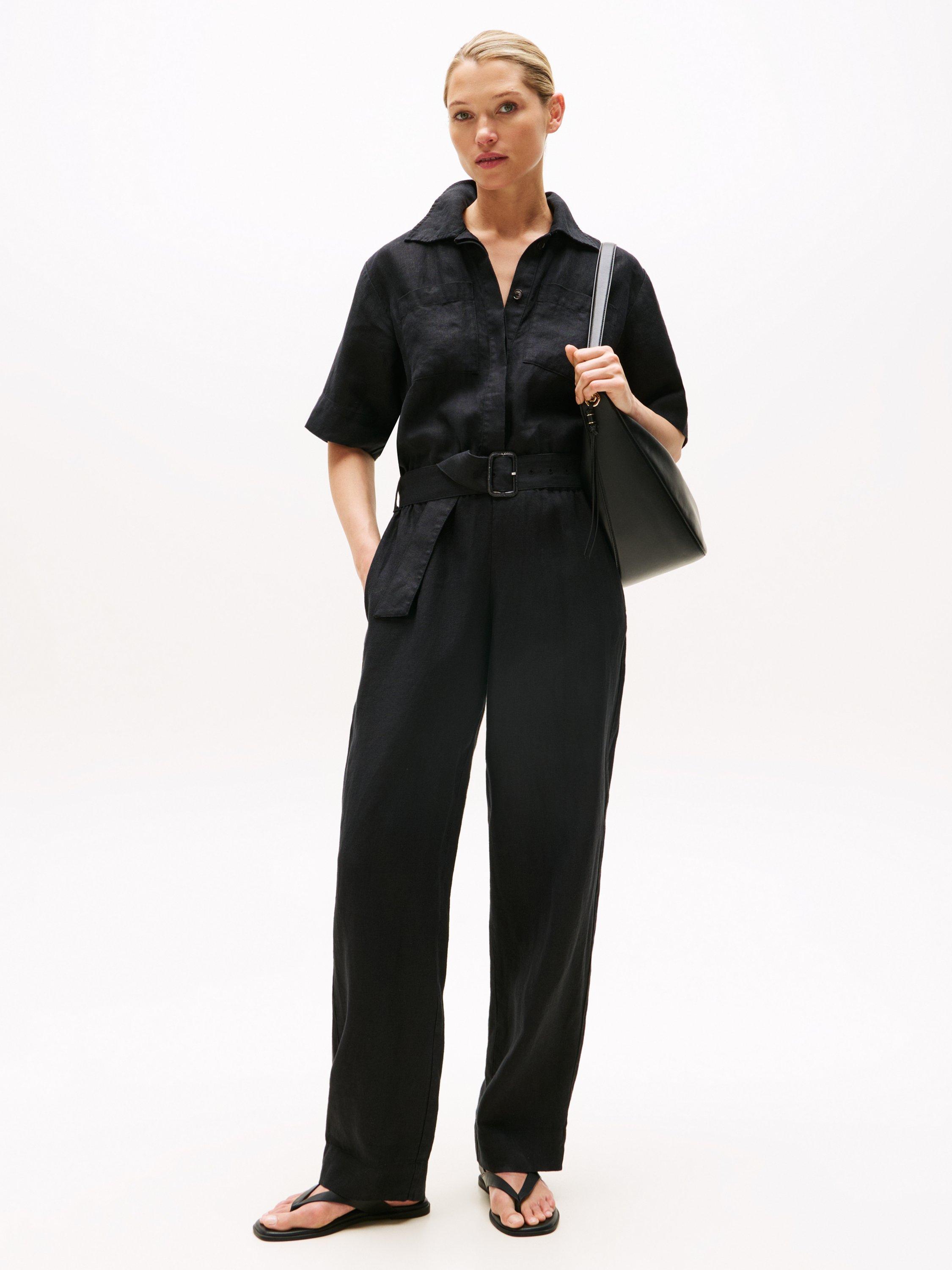 Product image 1 of 5, which shows Tommy Hilfiger Short Sleeve Belted Linen Blend Jumpsuit, Black, 6