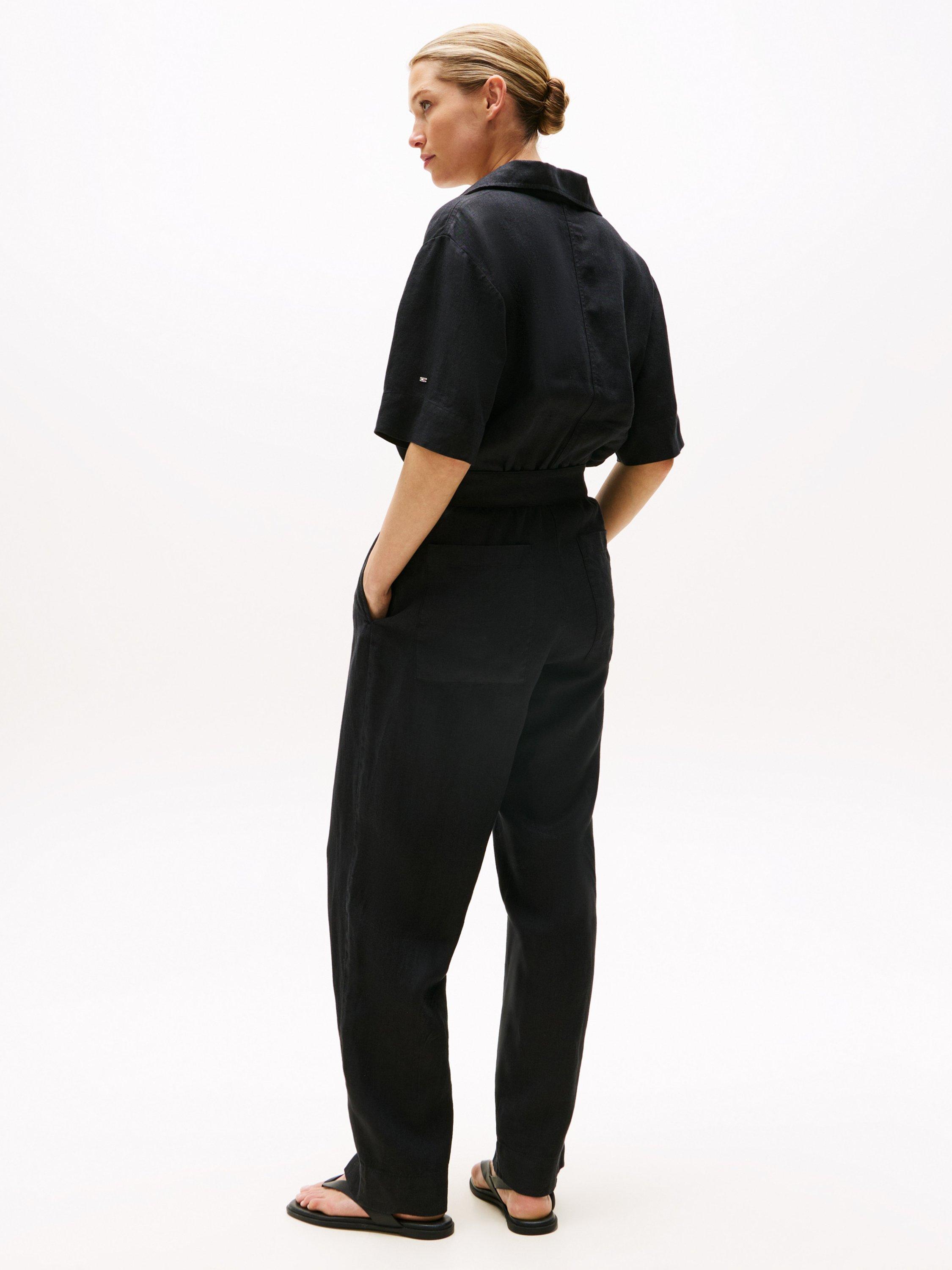 Product image 2 of 5, which shows Tommy Hilfiger Short Sleeve Belted Linen Blend Jumpsuit, Black, 6