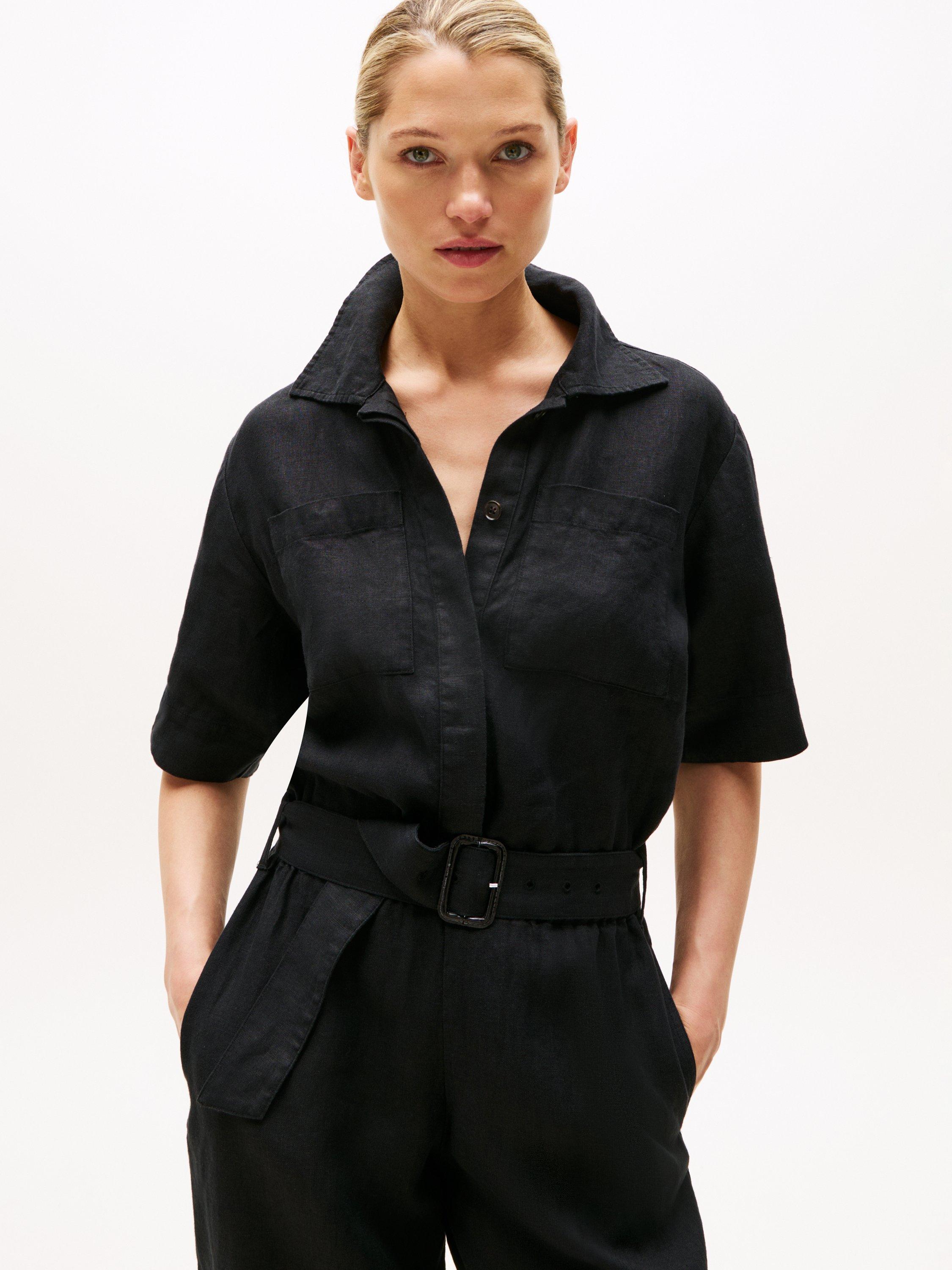 Product image 3 of 5, which shows Tommy Hilfiger Short Sleeve Belted Linen Blend Jumpsuit, Black, 6