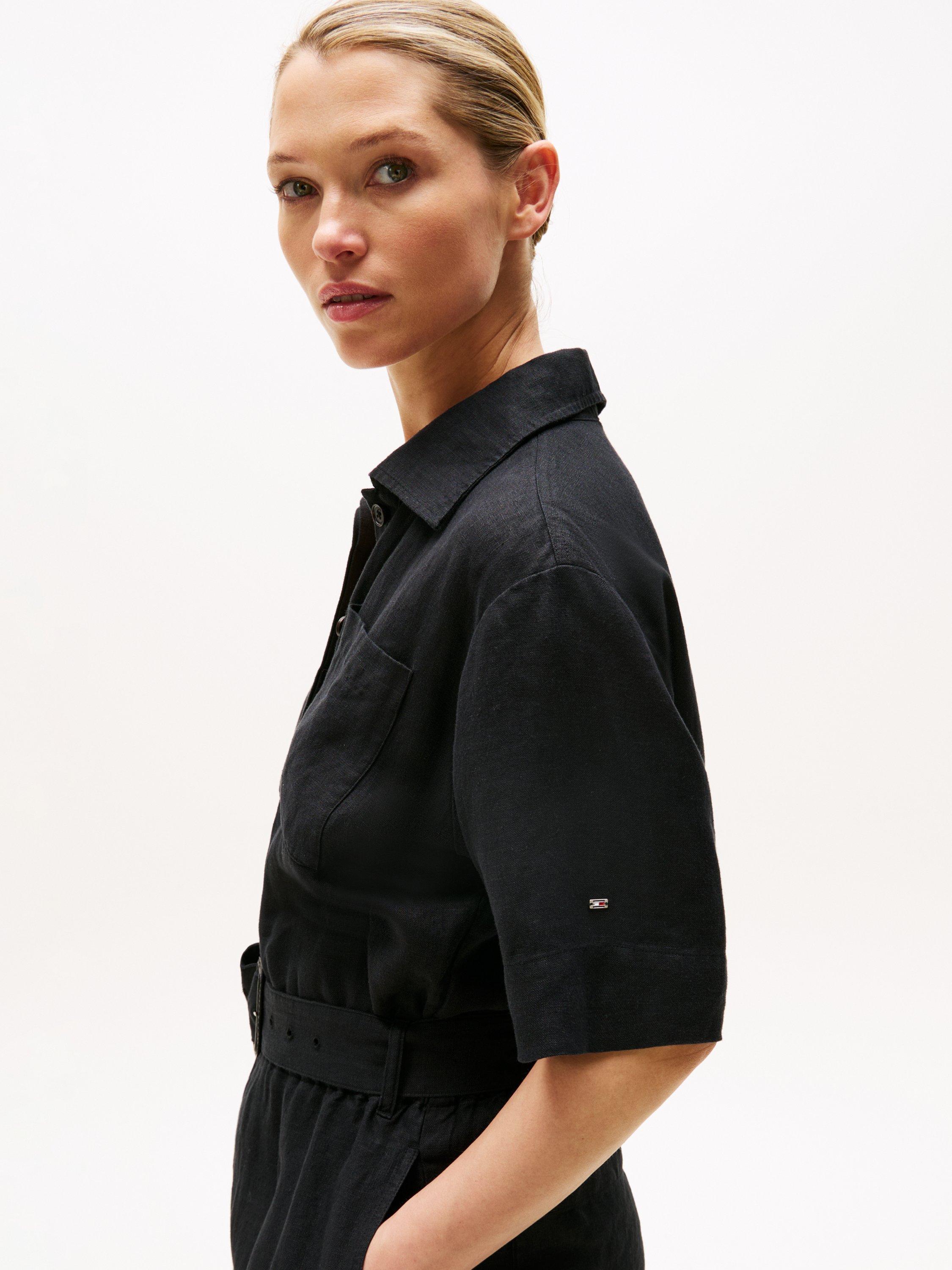 Product image 4 of 5, which shows Tommy Hilfiger Short Sleeve Belted Linen Blend Jumpsuit, Black, 6