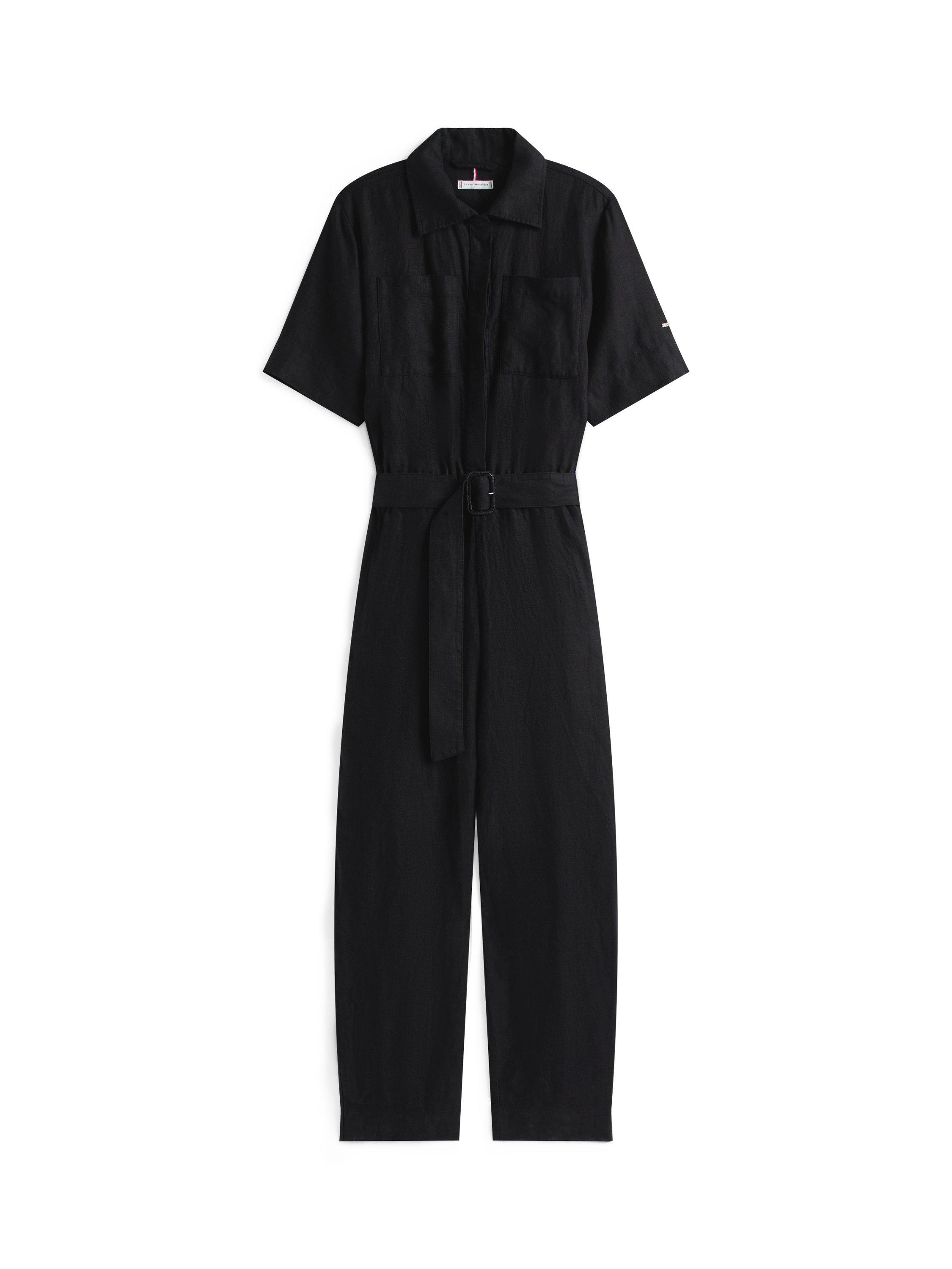 Product image 5 of 5, which shows Tommy Hilfiger Short Sleeve Belted Linen Blend Jumpsuit, Black, 6