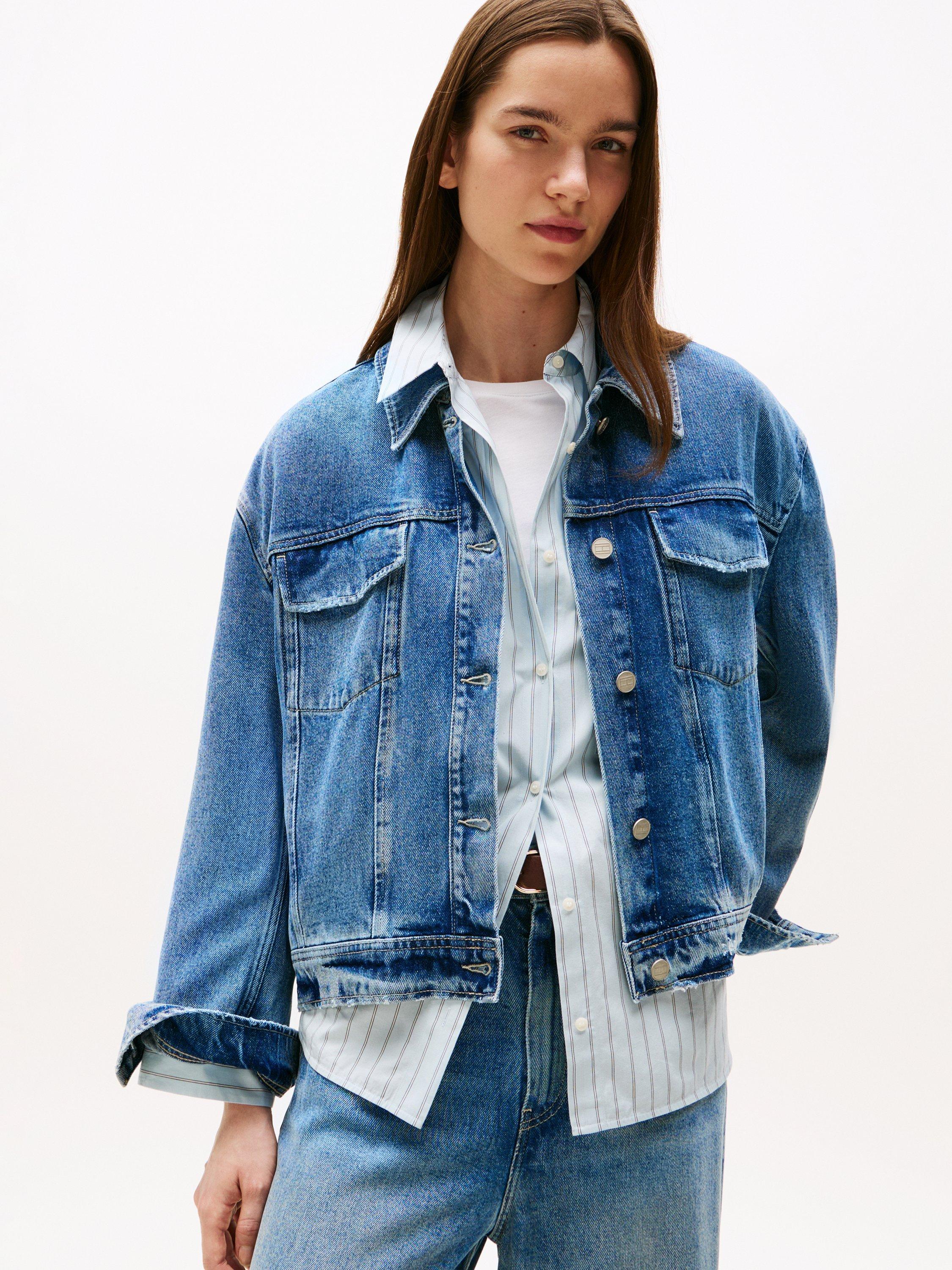 Product image 1 of 5, which shows Tommy Hilfiger Lana Oversized Short Denim Jacket, Light Blue, 6