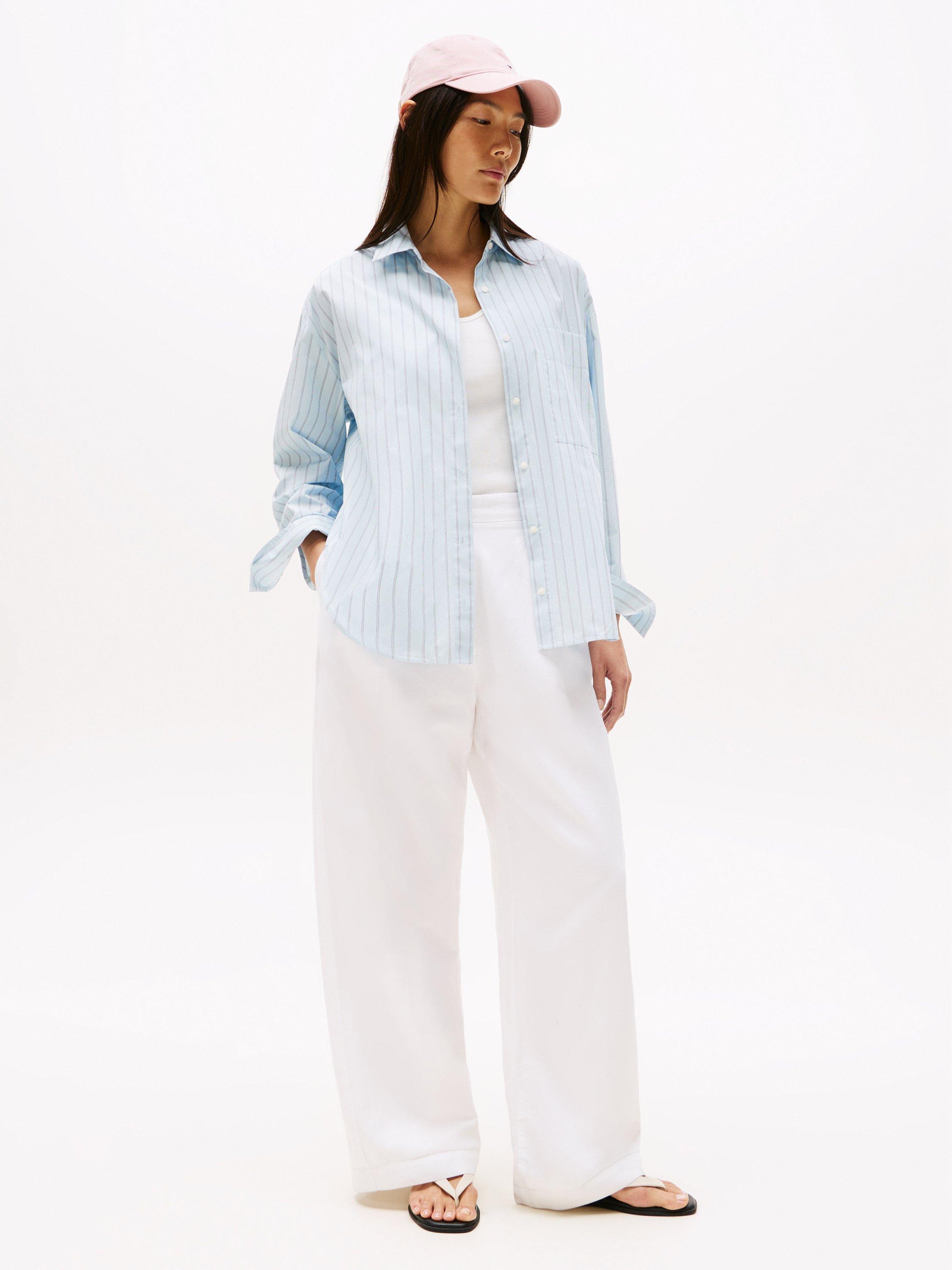 Product image 3 of 5, which shows Tommy Hilfiger Oversized Stripe Cotton Shirt, Light Blue, 6