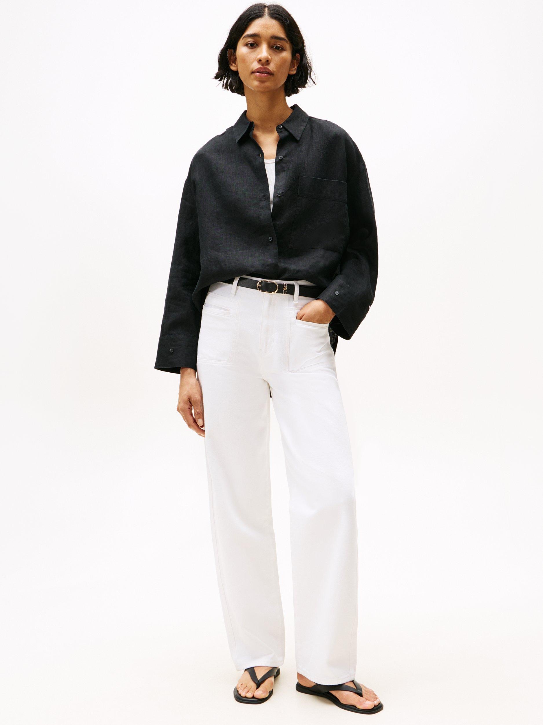 Product image 3 of 5, which shows Tommy Hilfiger Oversized Pure Linen Shirt, Black, 8