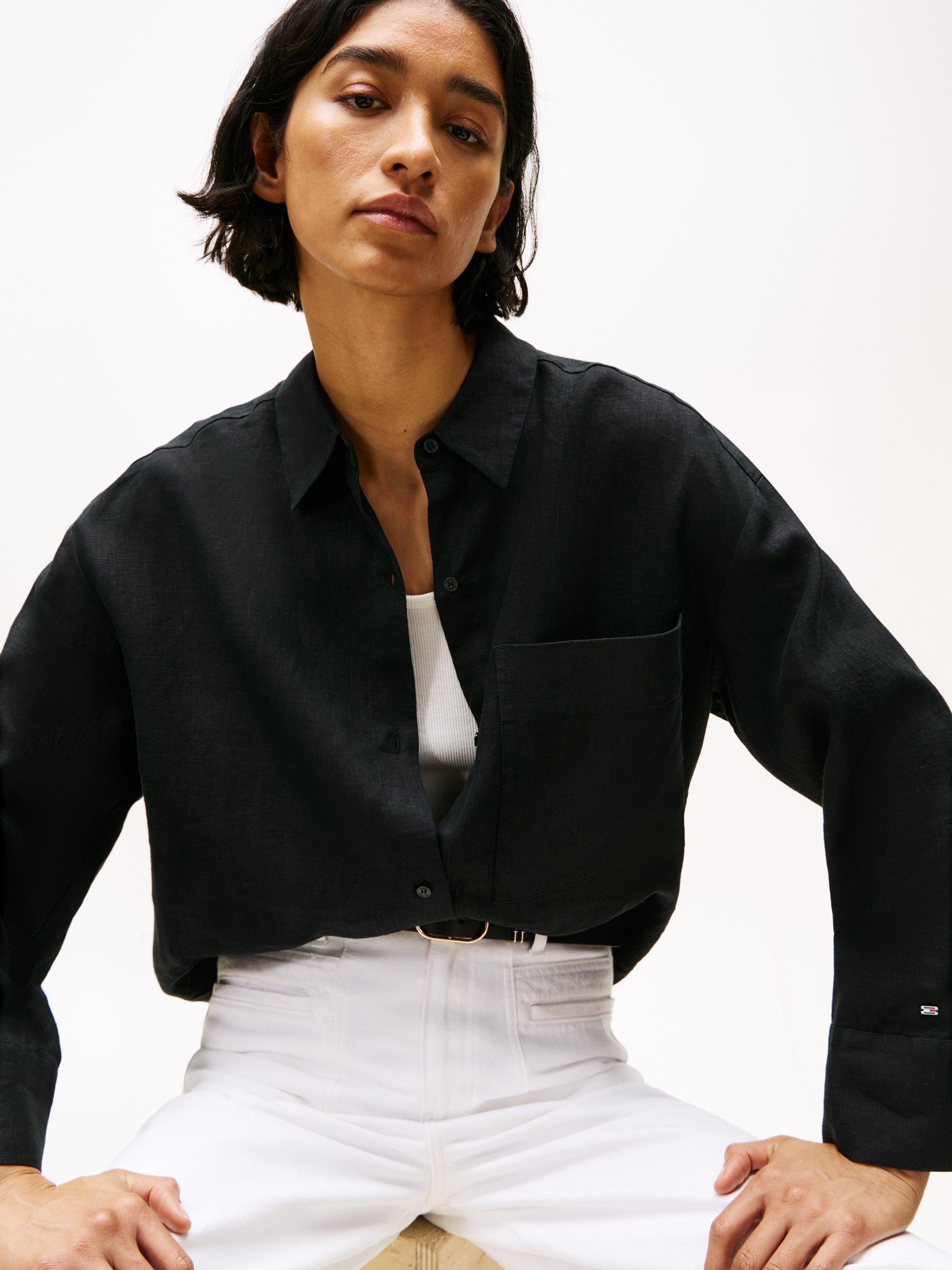 Product image 4 of 5, which shows Tommy Hilfiger Oversized Pure Linen Shirt, Black, 8