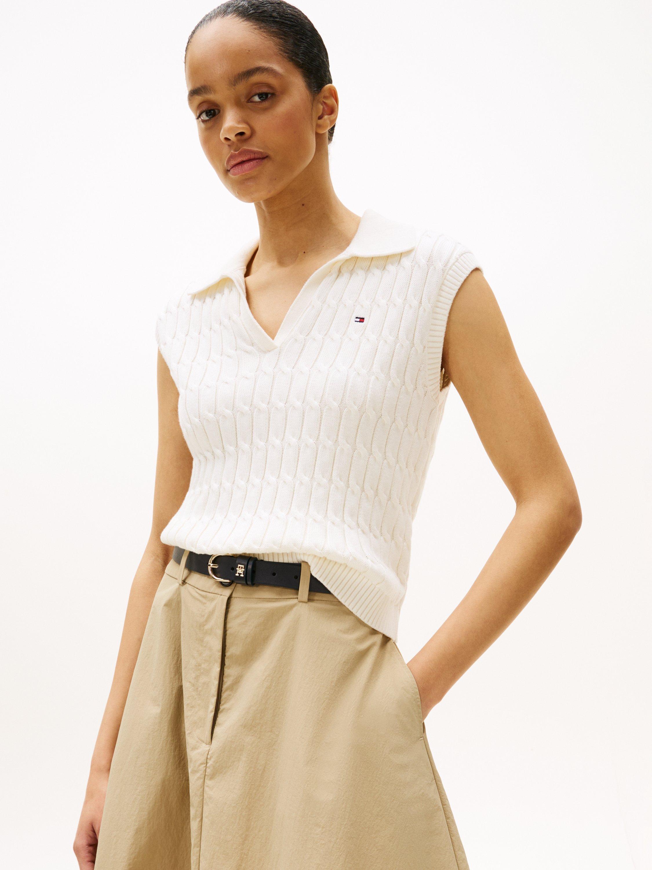 Product image 1 of 5, which shows Tommy Hilfiger Cable Knit Sleeveless Jumper, Ivory, M