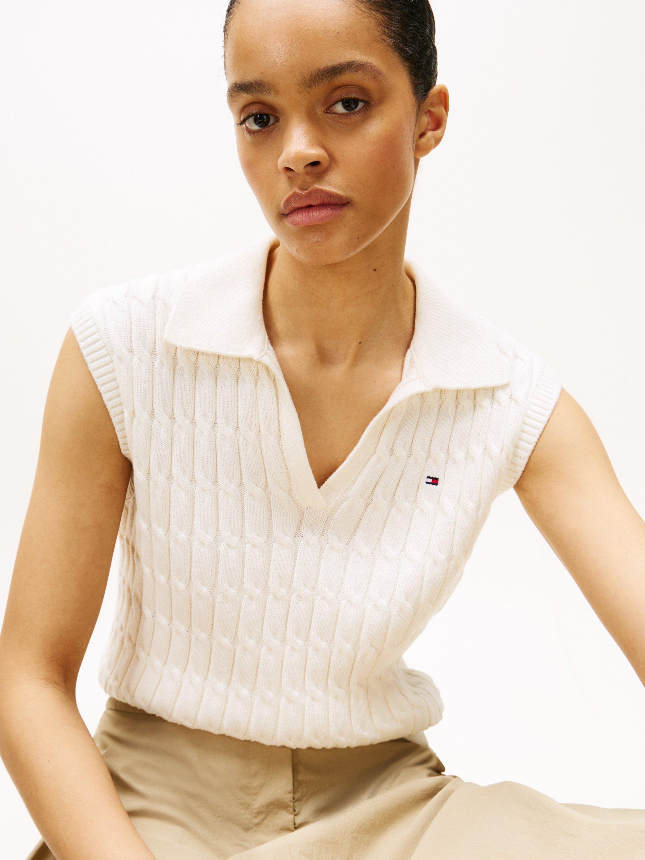 Product image 4 of 5, which shows Tommy Hilfiger Cable Knit Sleeveless Jumper, Ivory, M