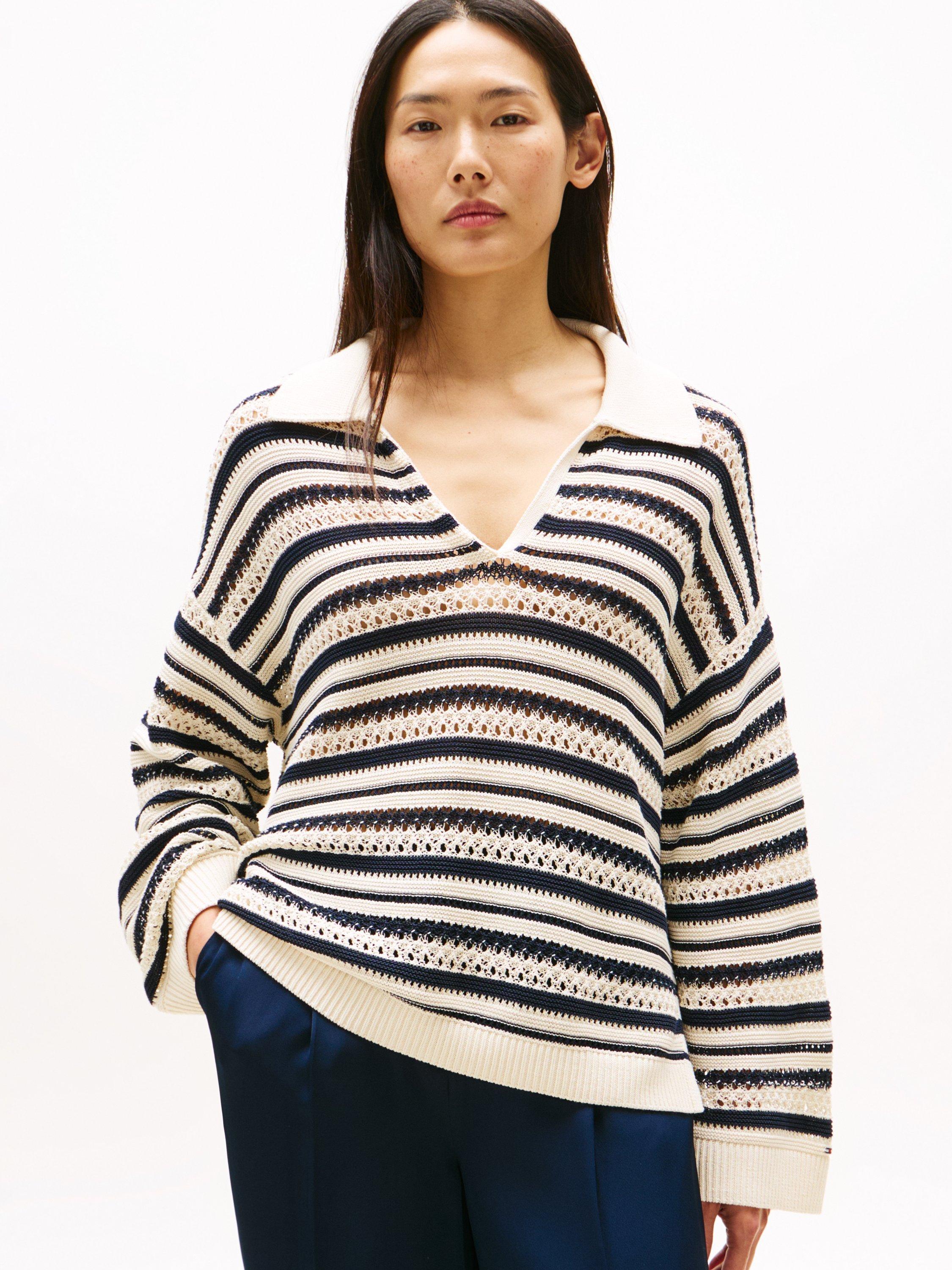 Product image 1 of 5, which shows Tommy Hilfiger Crochet Oversized Stripe Jumper, Sand/Navy, S