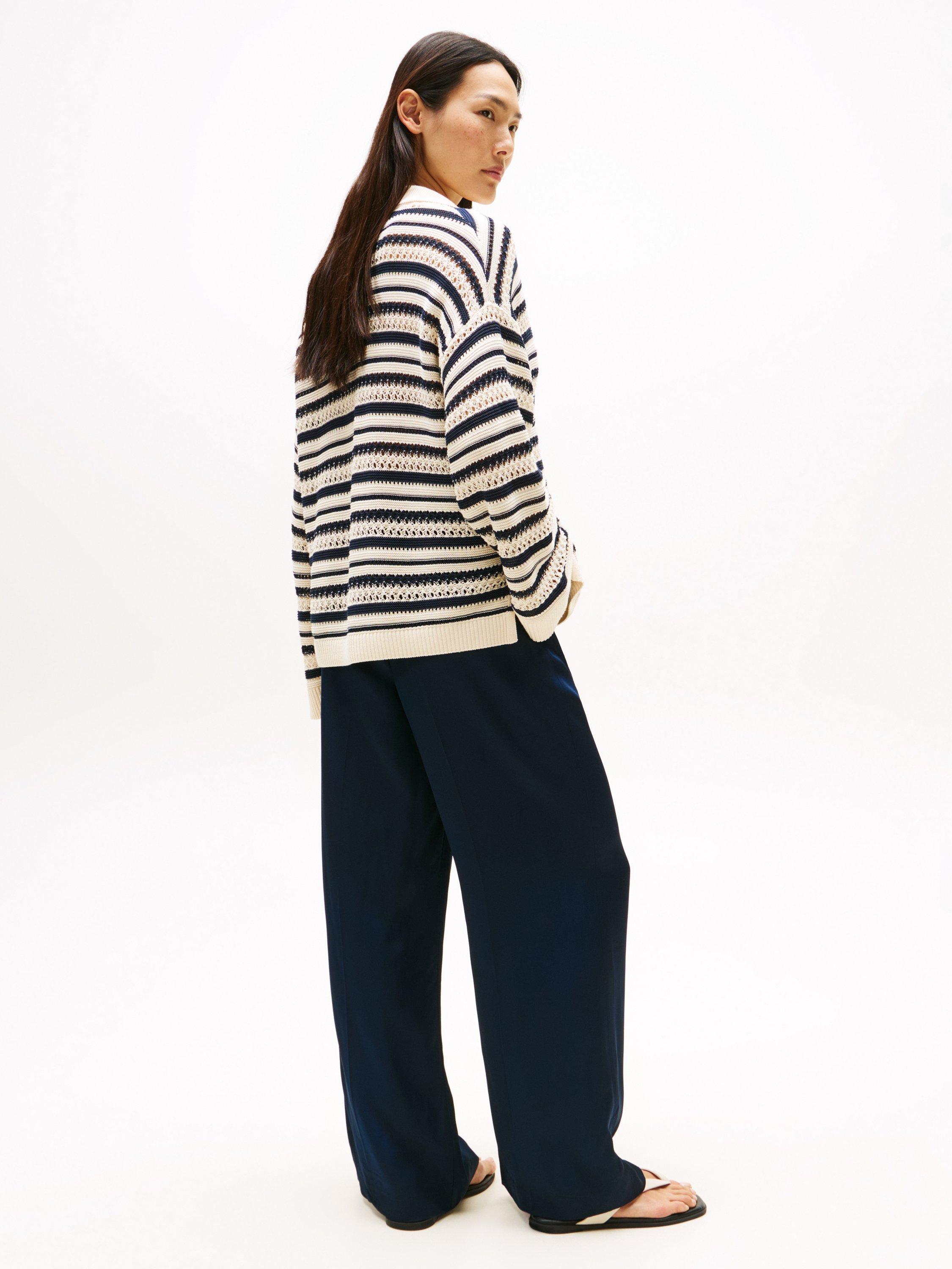 Product image 2 of 5, which shows Tommy Hilfiger Crochet Oversized Stripe Jumper, Sand/Navy, S