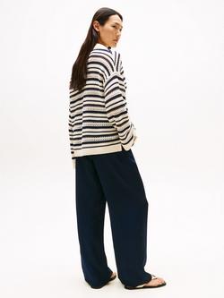 Tommy Hilfiger Crochet Oversized Stripe Jumper, Sand/Navy - view 2, Sand/Navy