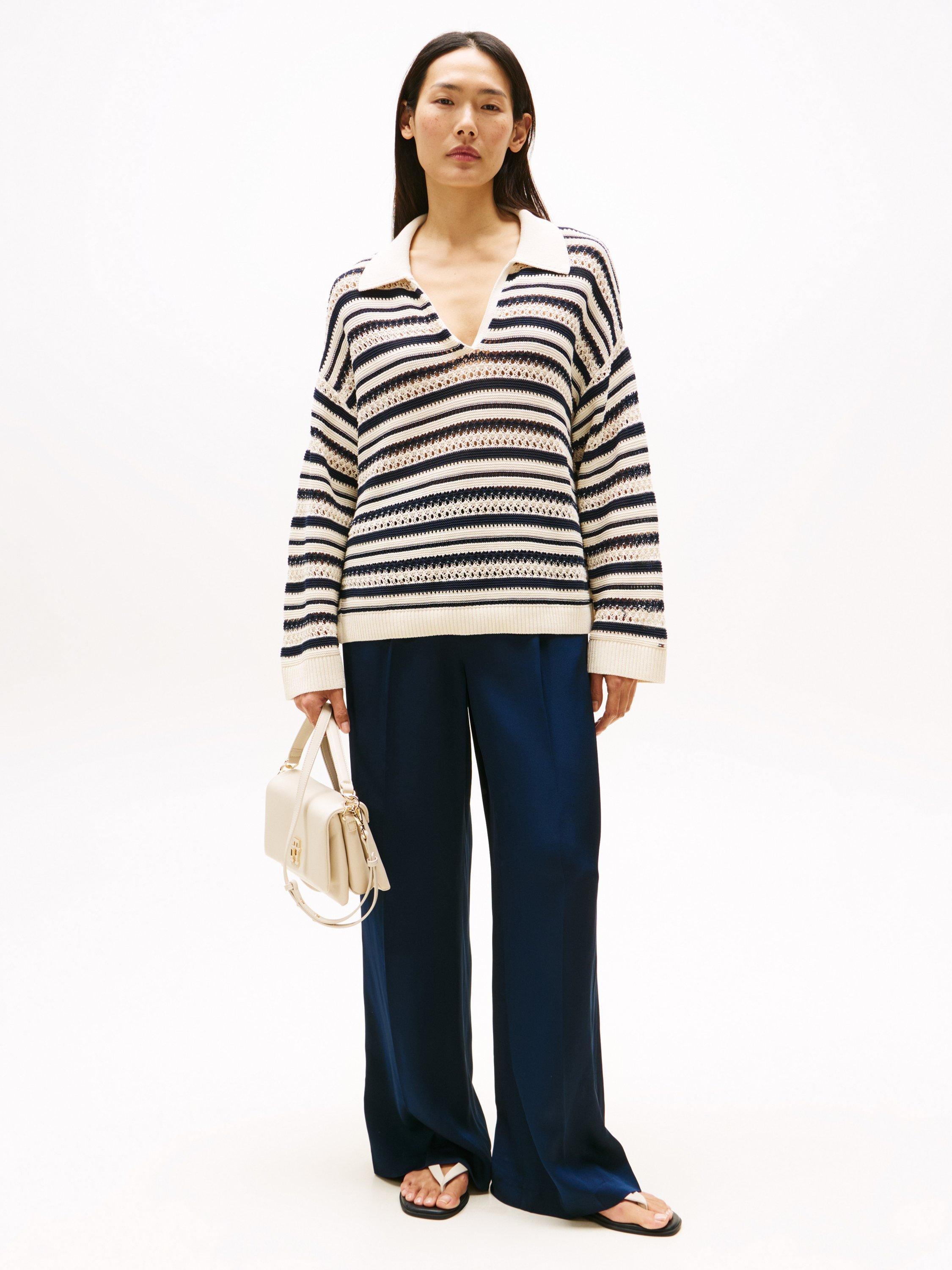 Product image 3 of 5, which shows Tommy Hilfiger Crochet Oversized Stripe Jumper, Sand/Navy, S