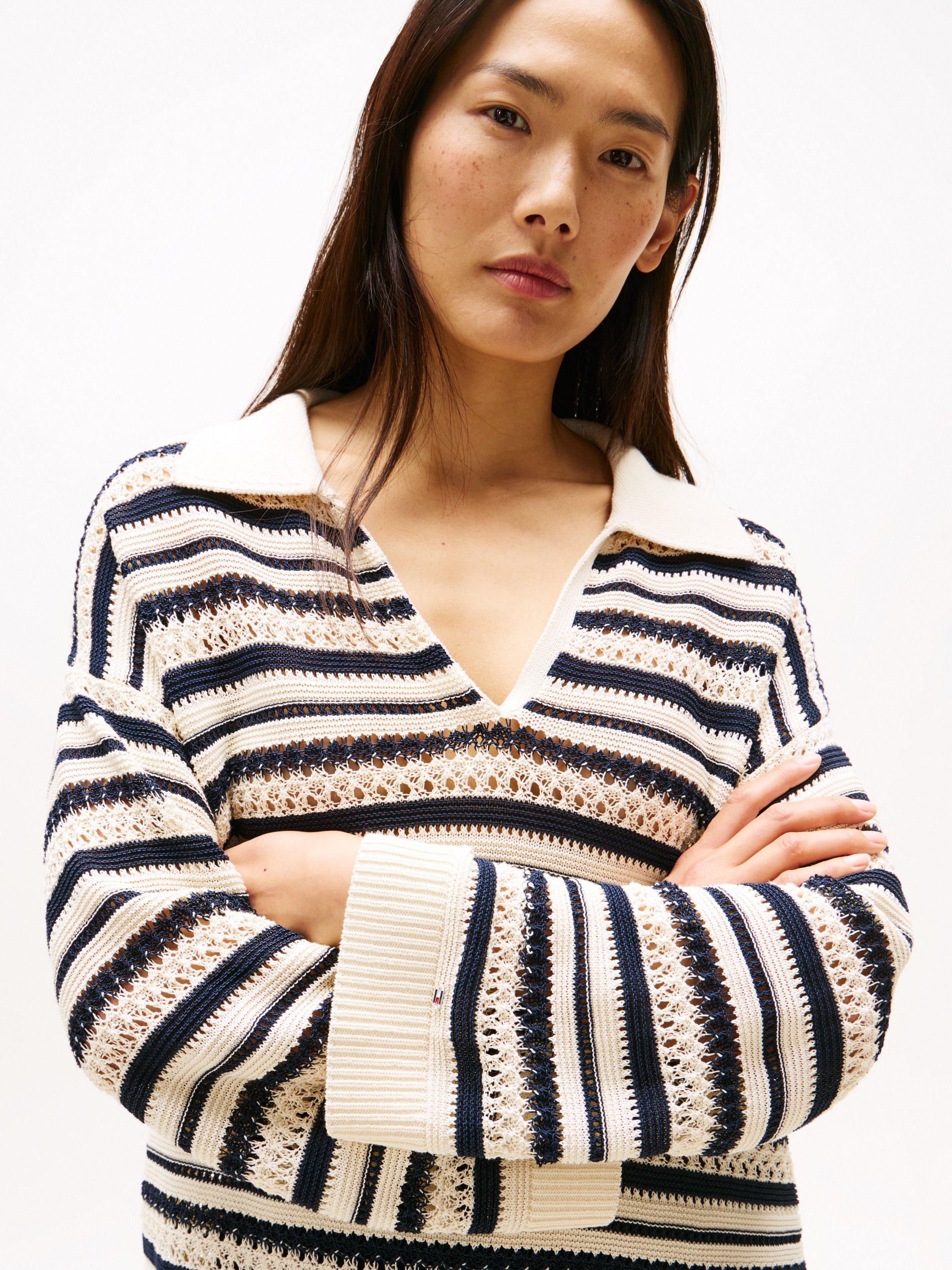 Product image 4 of 5, which shows Tommy Hilfiger Crochet Oversized Stripe Jumper, Sand/Navy, S