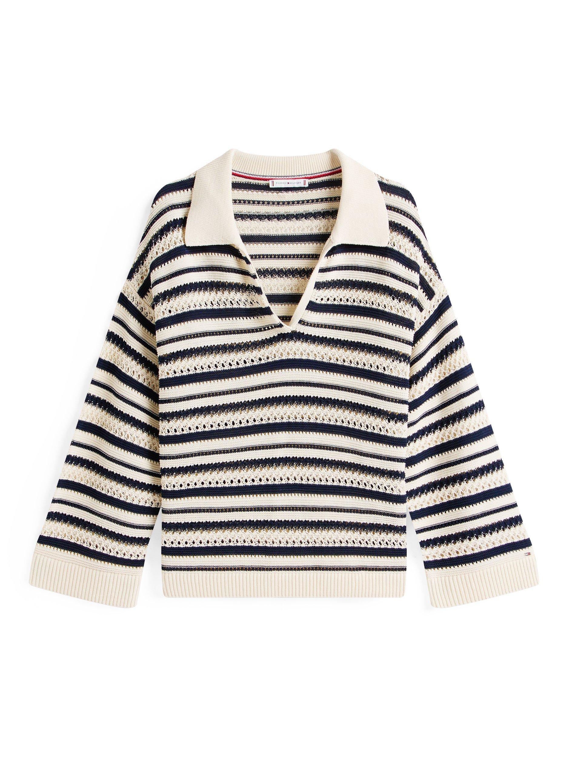 Product image 5 of 5, which shows Tommy Hilfiger Crochet Oversized Stripe Jumper, Sand/Navy, S