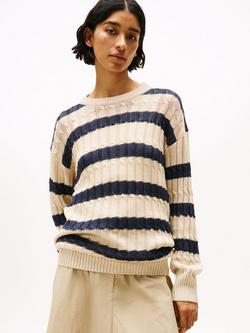 Tommy Hilfiger Cable Knit Stripe Linen Rich Jumper, Ivory/Navy, Ivory/Navy