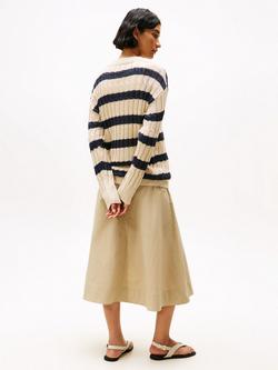 Tommy Hilfiger Cable Knit Stripe Linen Rich Jumper, Ivory/Navy - view 2, Ivory/Navy
