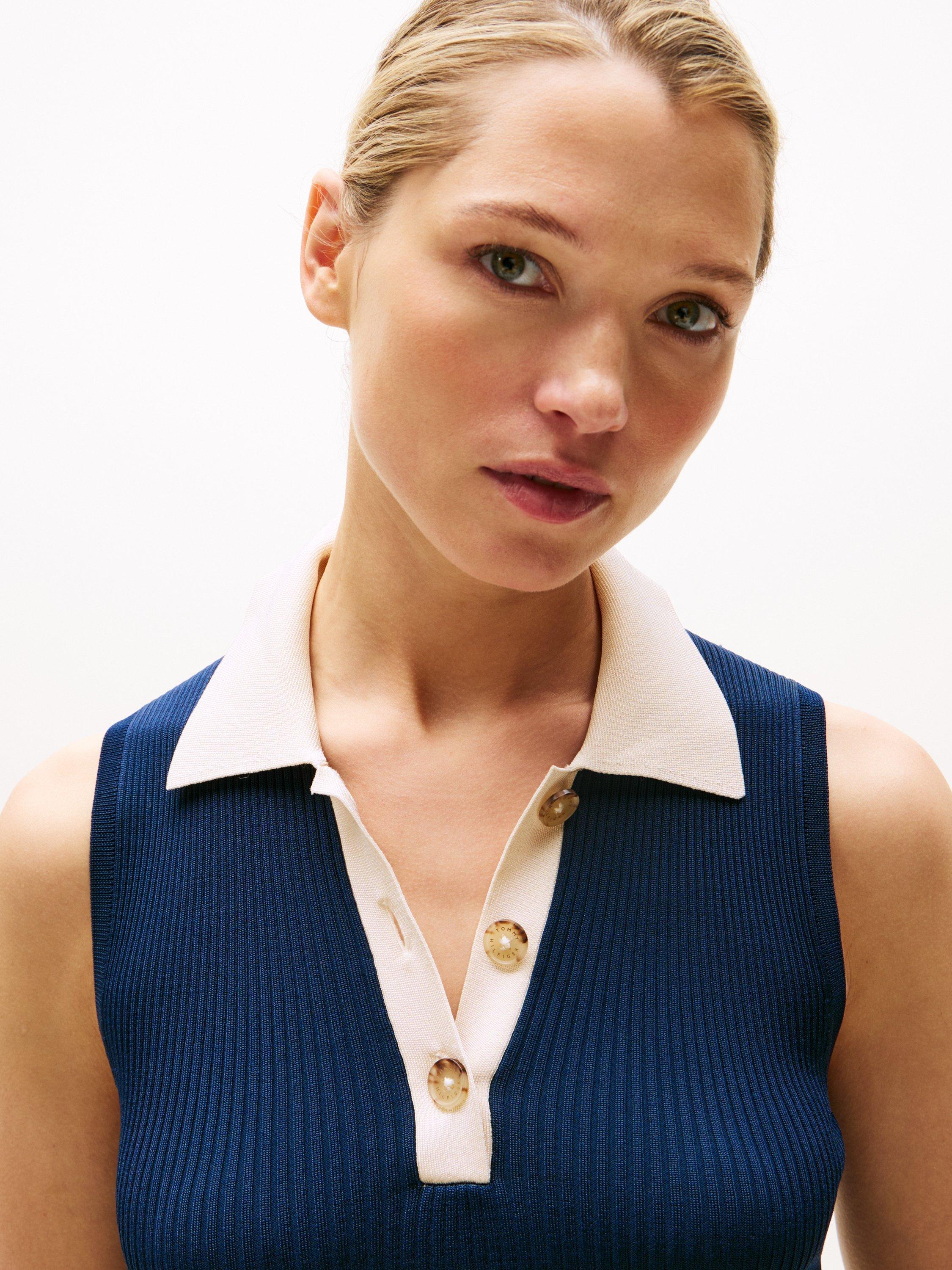 Product image 4 of 5, which shows Tommy Hilfiger Ribbed Sleeveless Polo Shirt, Navy, XS