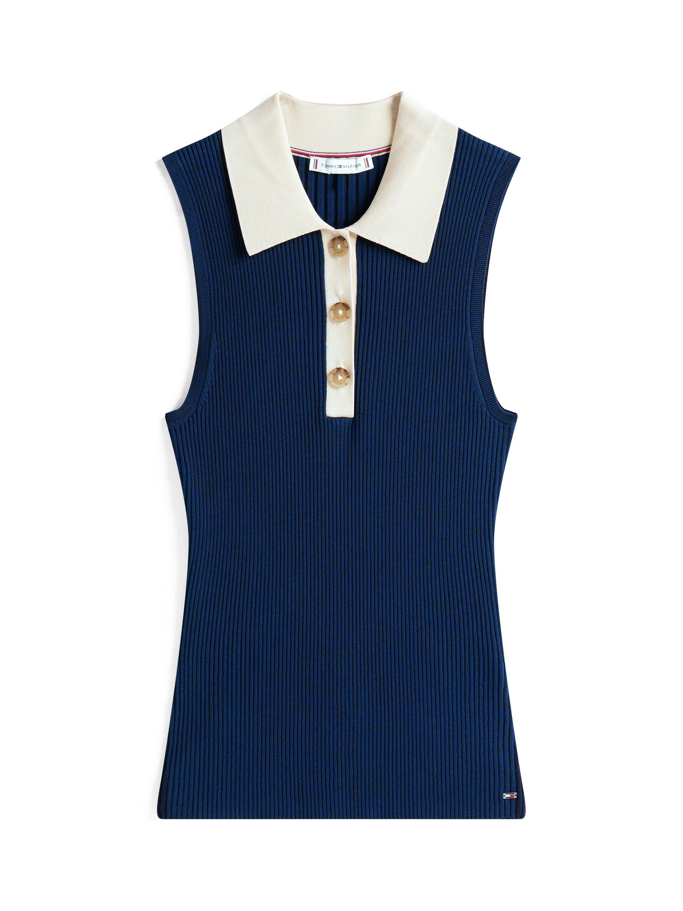 Product image 5 of 5, which shows Tommy Hilfiger Ribbed Sleeveless Polo Shirt, Navy, XS