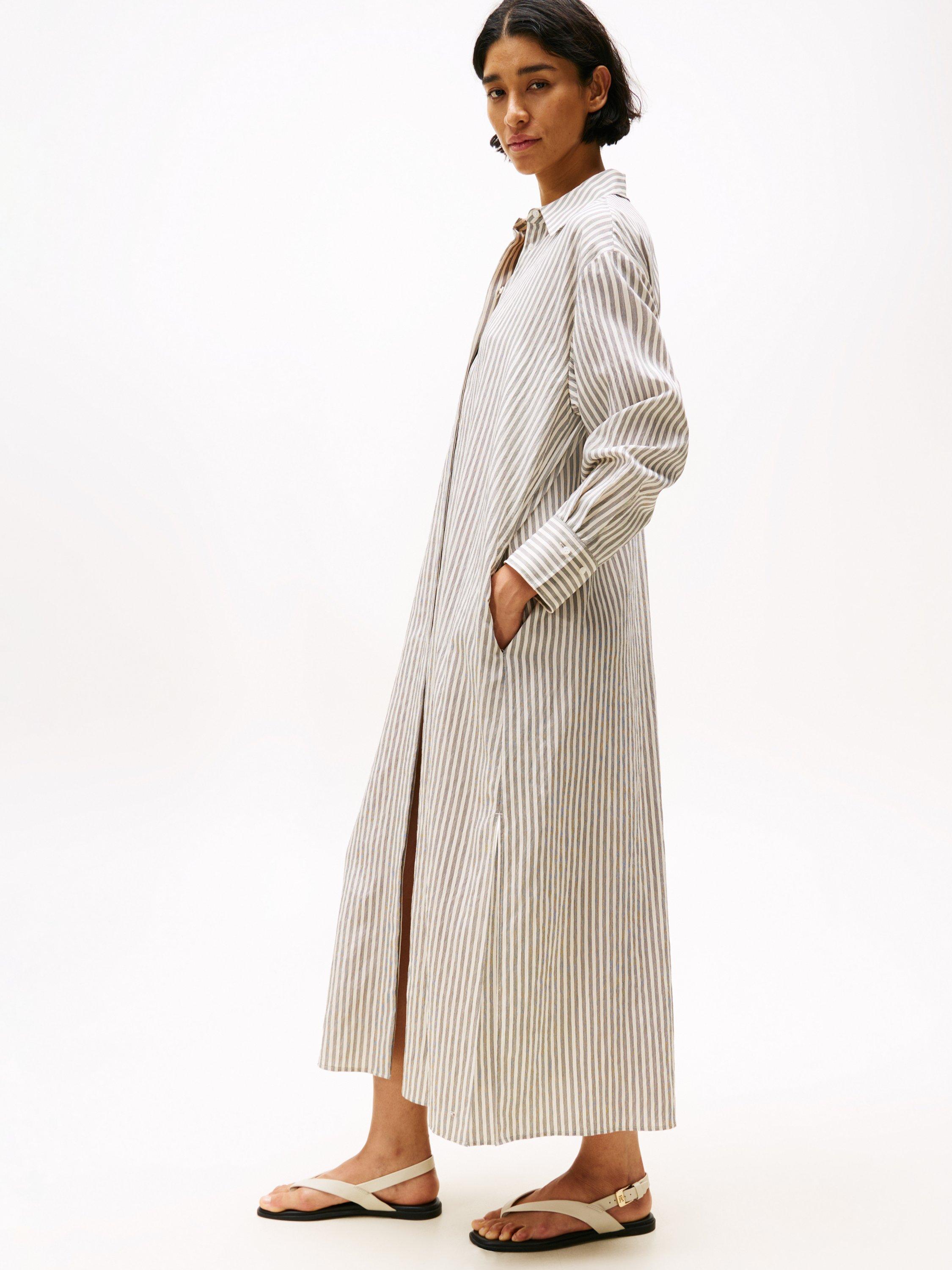Product image 3 of 5, which shows Tommy Hilfiger Stripe Oversized Maxi Shirt Dress, Natural/Black, XS-S