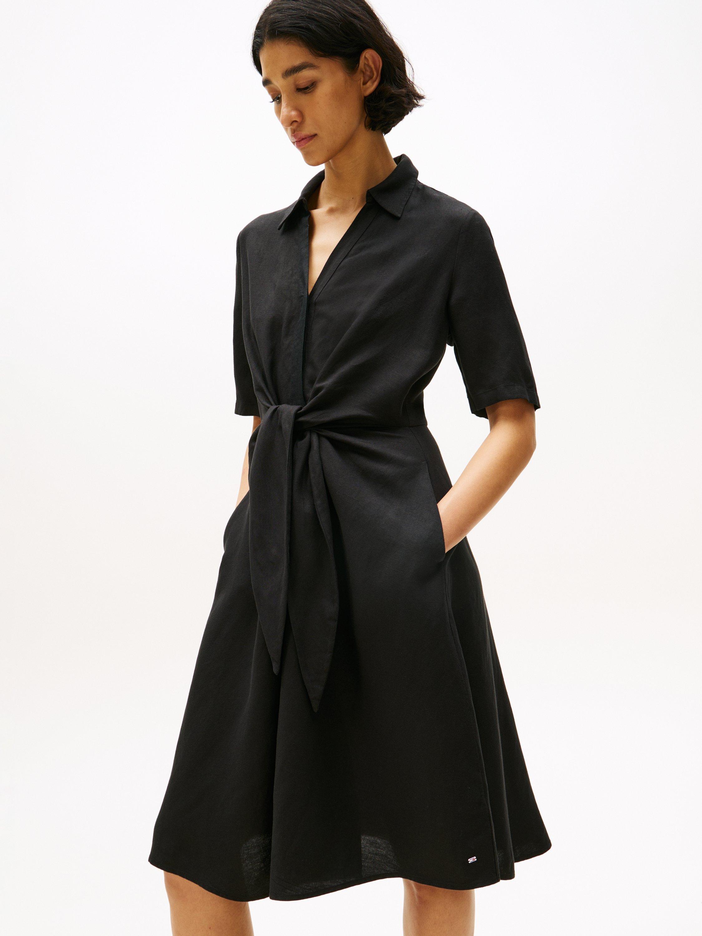 Product image 2 of 5, which shows Tommy Hilfiger Linen Blend Midi Shirt Dress, Black, 14
