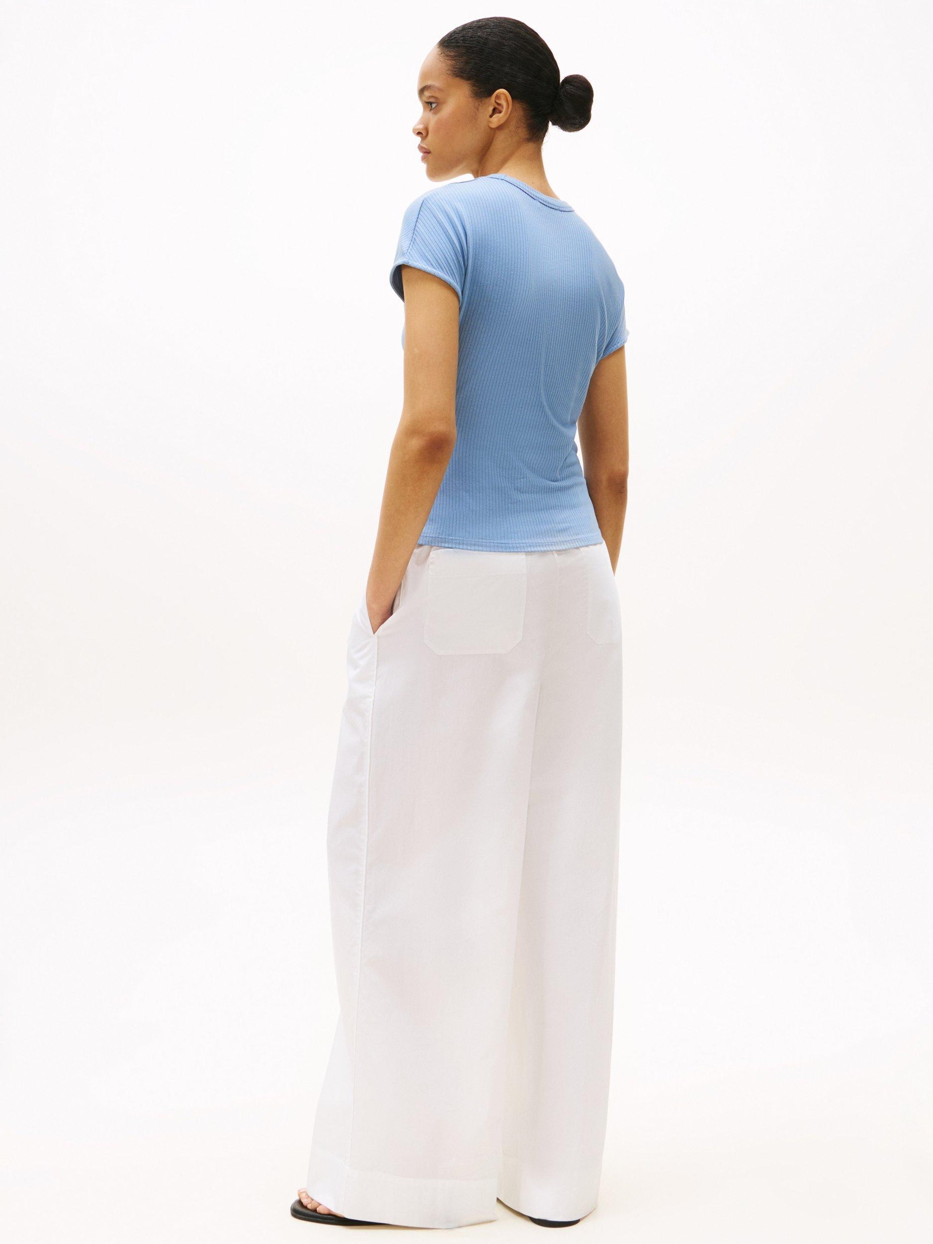 Product image 2 of 5, which shows Tommy Hilfiger Ribbed High Crew Neck Slim Fit T-Shirt, Brisk Blue, XS