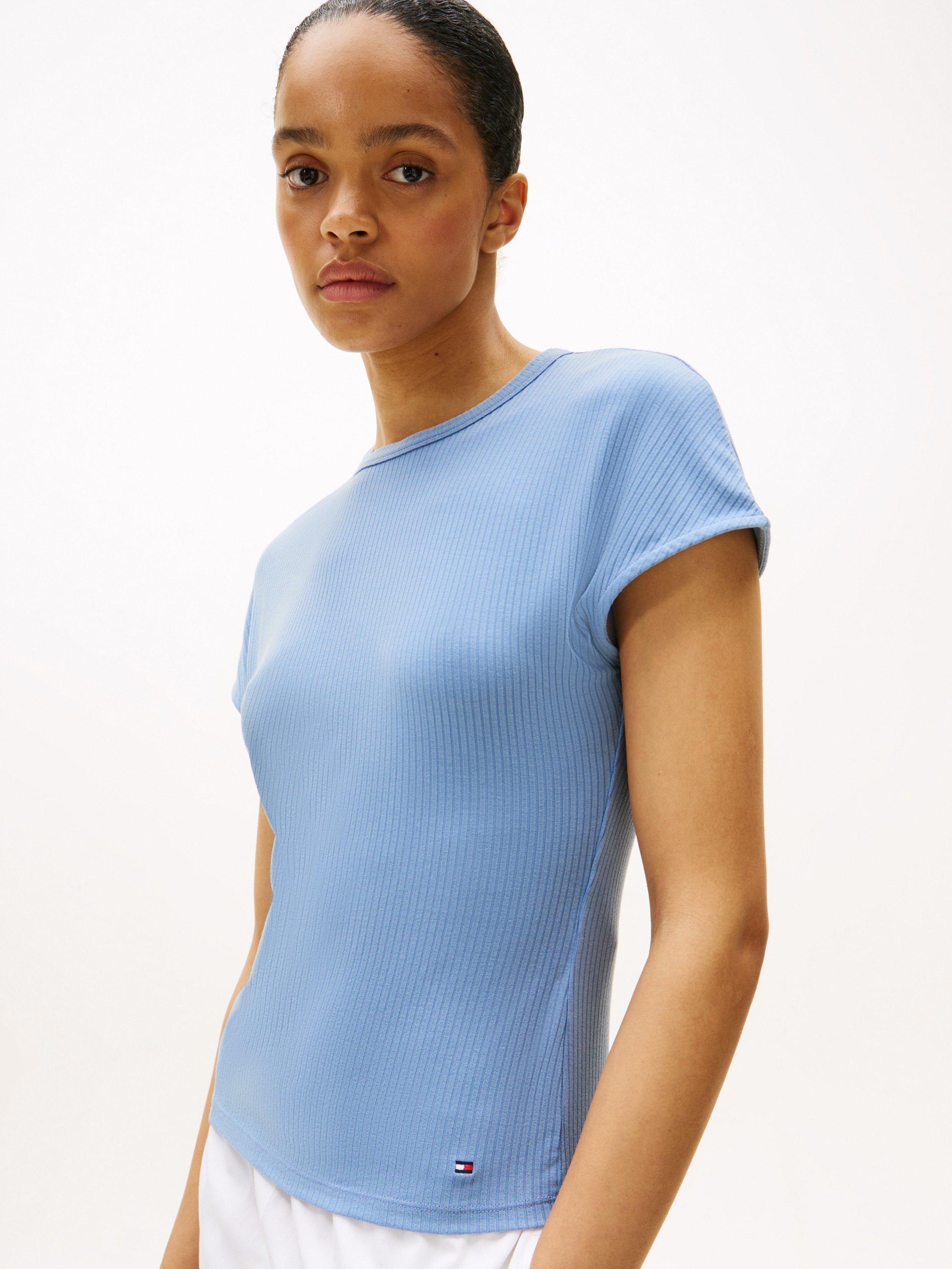 Product image 4 of 5, which shows Tommy Hilfiger Ribbed High Crew Neck Slim Fit T-Shirt, Brisk Blue, XS