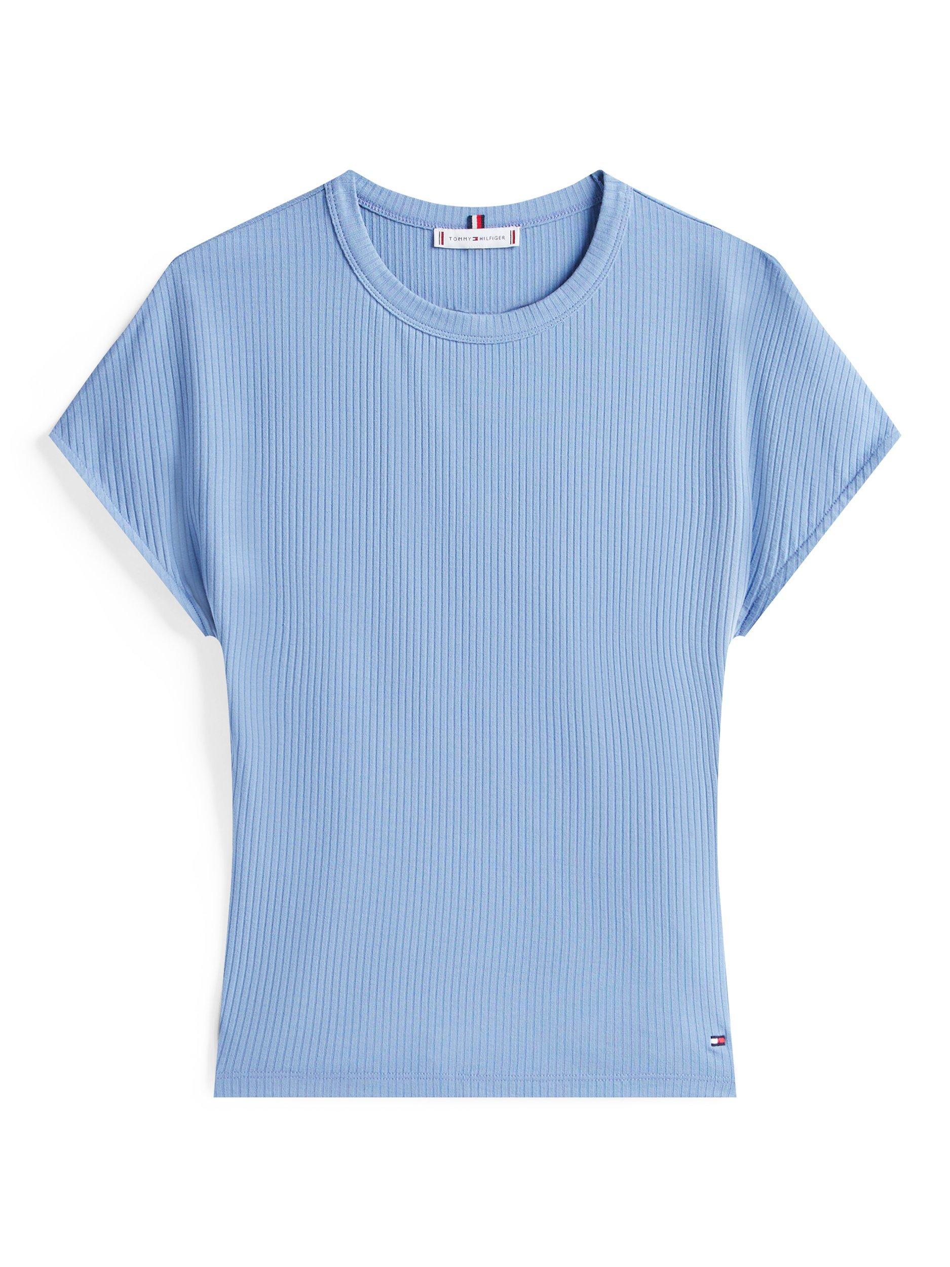 Product image 5 of 5, which shows Tommy Hilfiger Ribbed High Crew Neck Slim Fit T-Shirt, Brisk Blue, XS