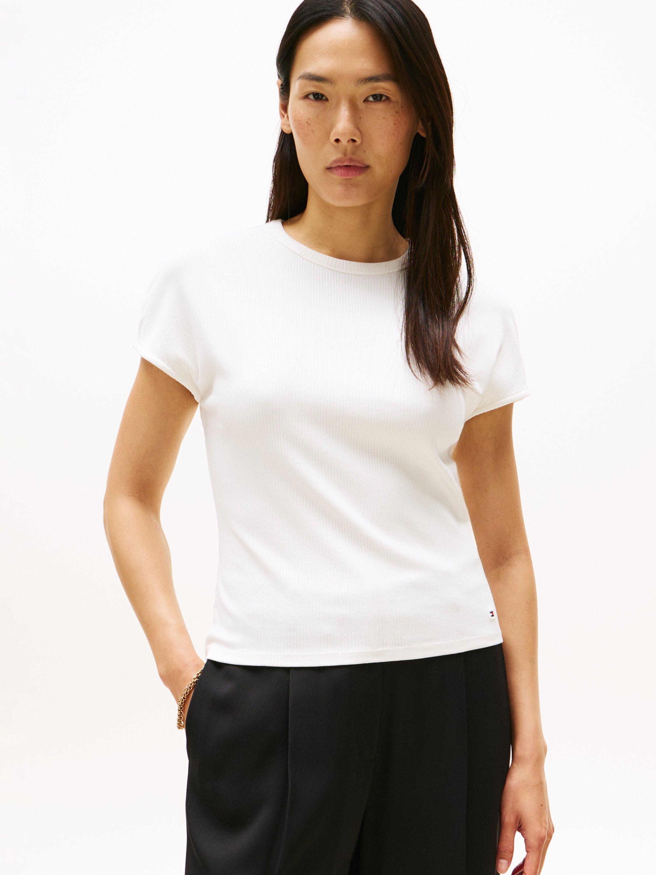 Product image 1 of 5, which shows Tommy Hilfiger Ribbed High Crew Neck Slim Fit T-Shirt, Ivory Silk, XS