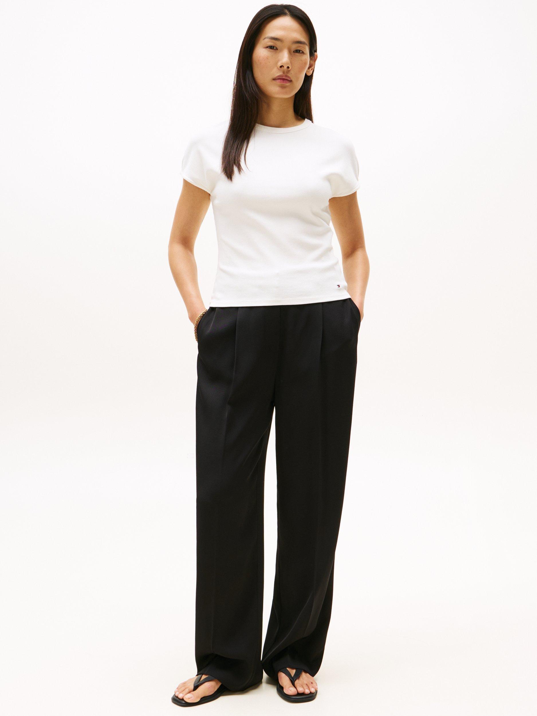 Product image 3 of 5, which shows Tommy Hilfiger Ribbed High Crew Neck Slim Fit T-Shirt, Ivory Silk, XS